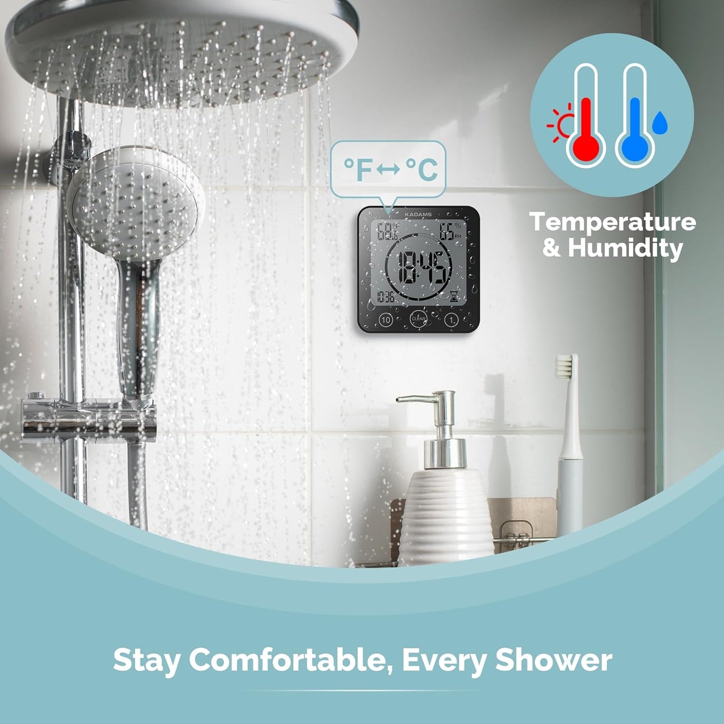 KADAMS Waterproof Bathroom Timer Wall Clock with Alarm Digital DEMO