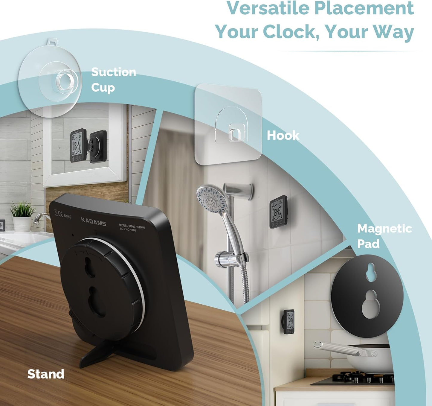 KADAMS Waterproof Bathroom Timer Wall Clock with Alarm Digital DEMO