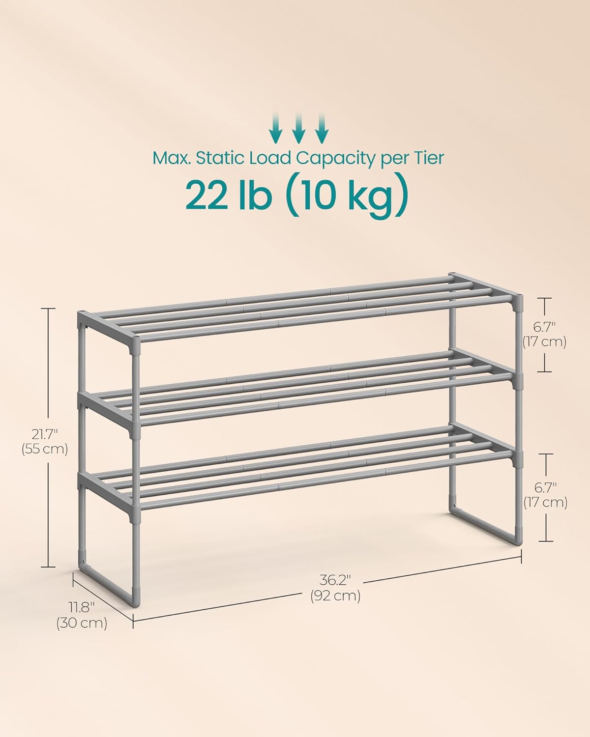 SONGMICS 3-Tier Metal Shoe Rack Storage Organizer for 12-15 Pairs Size 3 DEMO