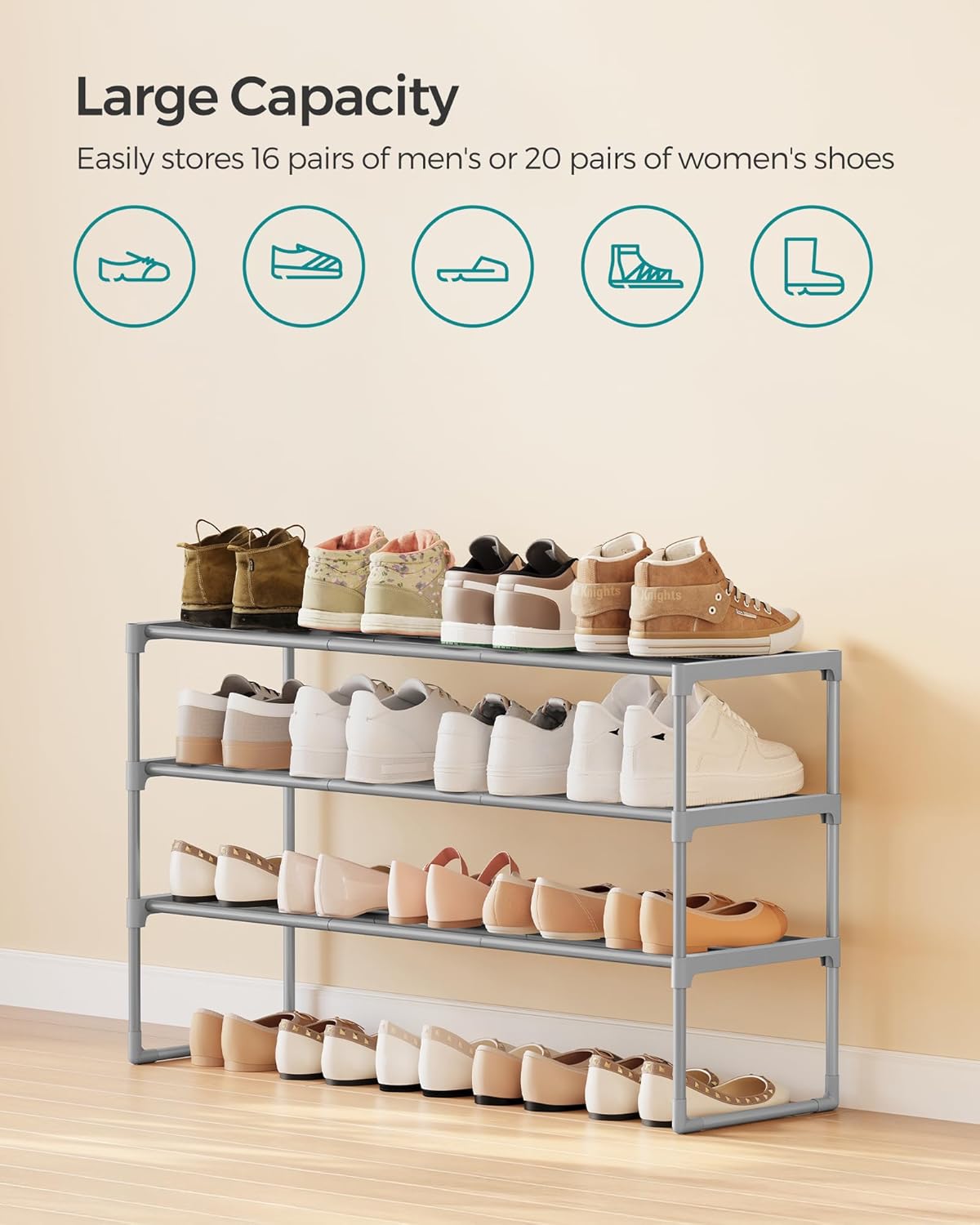 SONGMICS 3-Tier Metal Shoe Rack Storage Organizer for 12-15 Pairs Size 3 DEMO