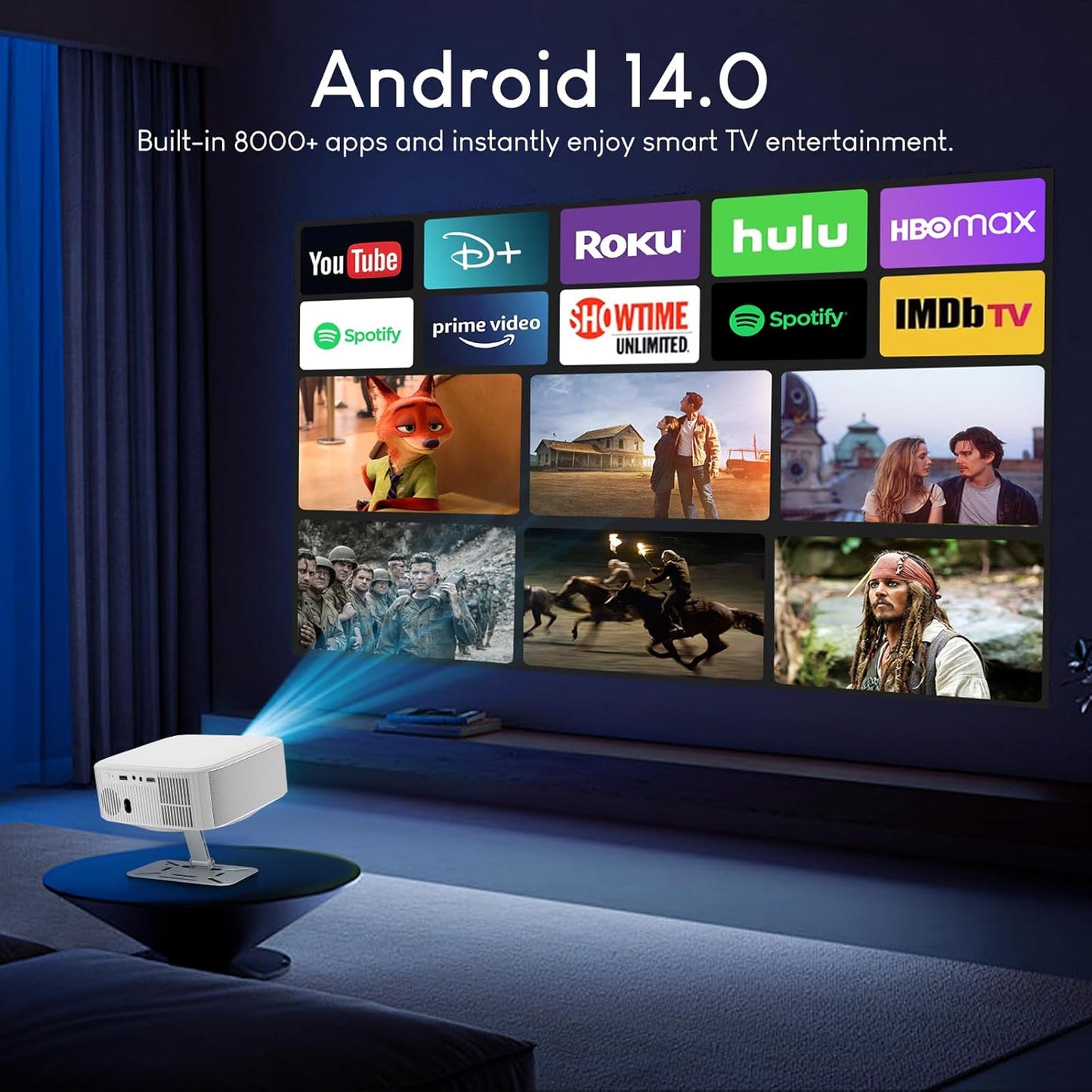Salange 4K Projector with Stand Upgraded Android 14 Built-in Apps 500Ansi DEMO