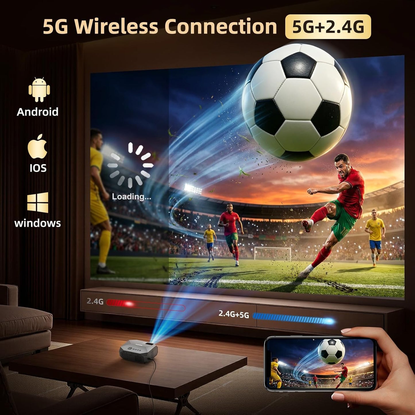FUDONI 12000L Outdoor Movie Projector with 5G WiFi and Bluetooth Black DEMO