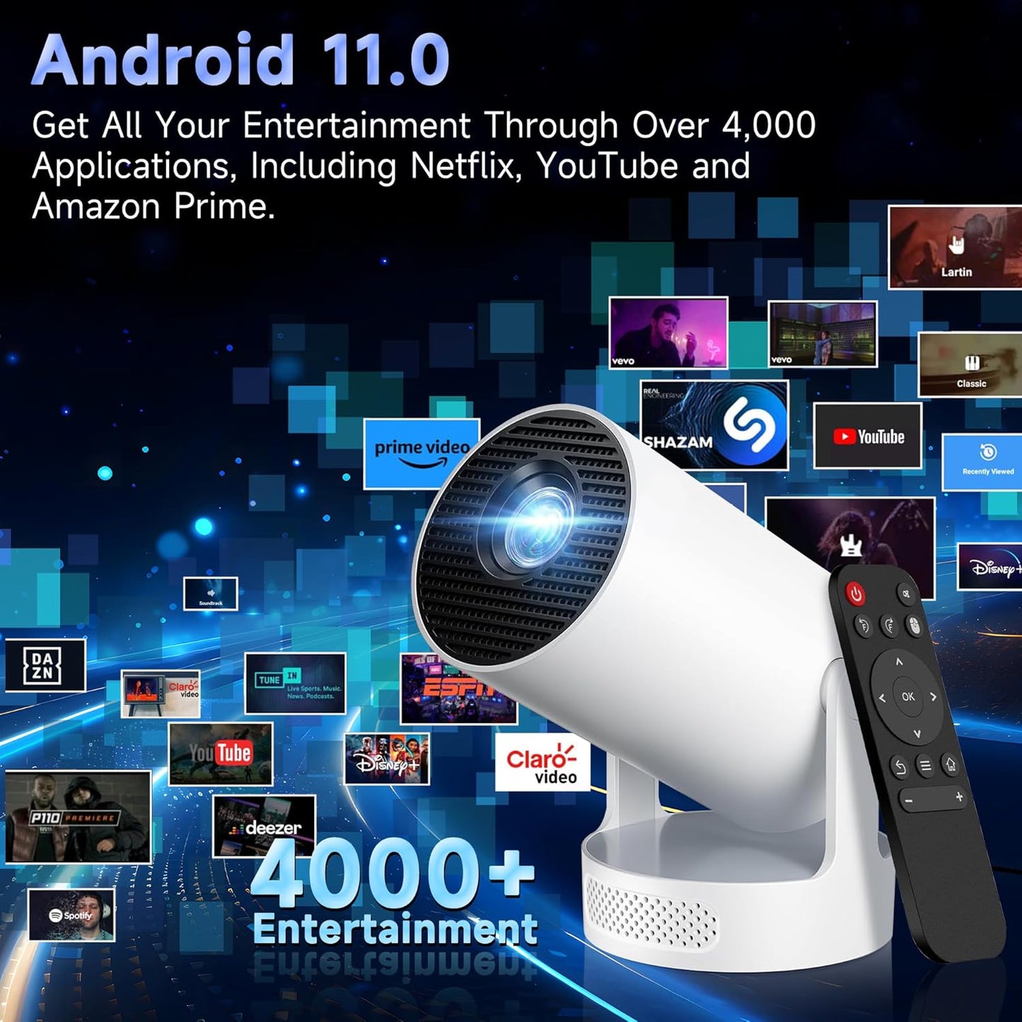 OROMVO 1080P/4K Portable Projector with Electronic Focus and Built-in Apps DEMO