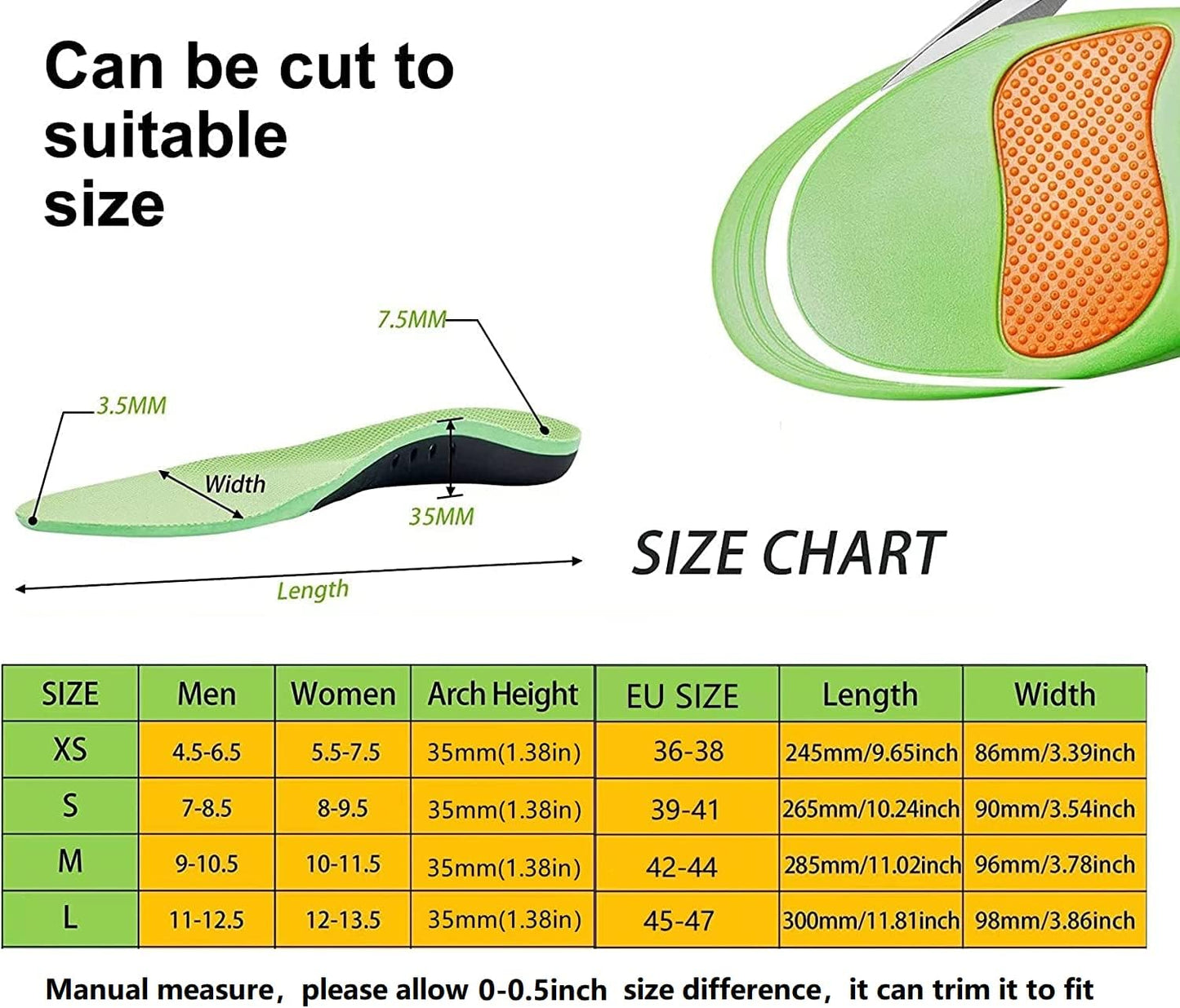 H HOME-MART Orthotic Insoles Plantar Fasciitis Support Green Size S(EU DEMO