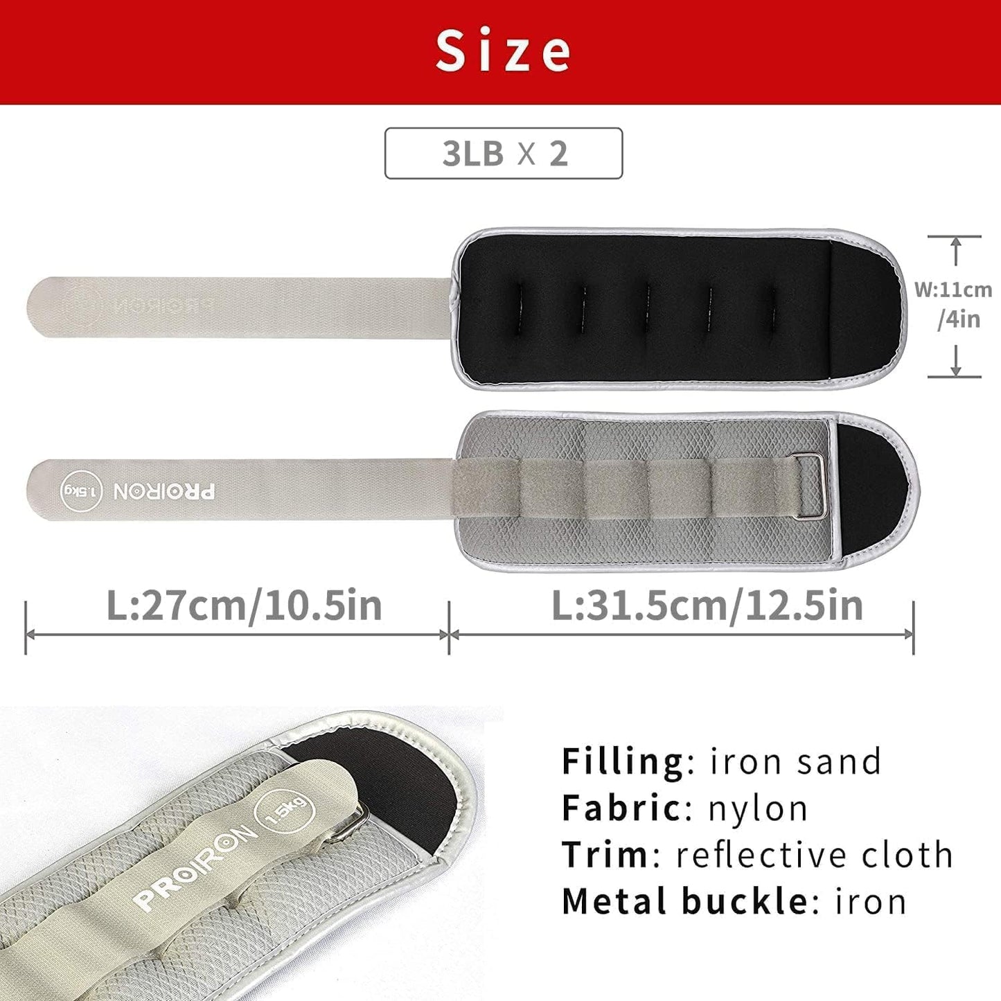PROIRON Reflective Wrist & Ankle Weights 1.5kg Grey, One Size, 3 lbs Pair DEMO
