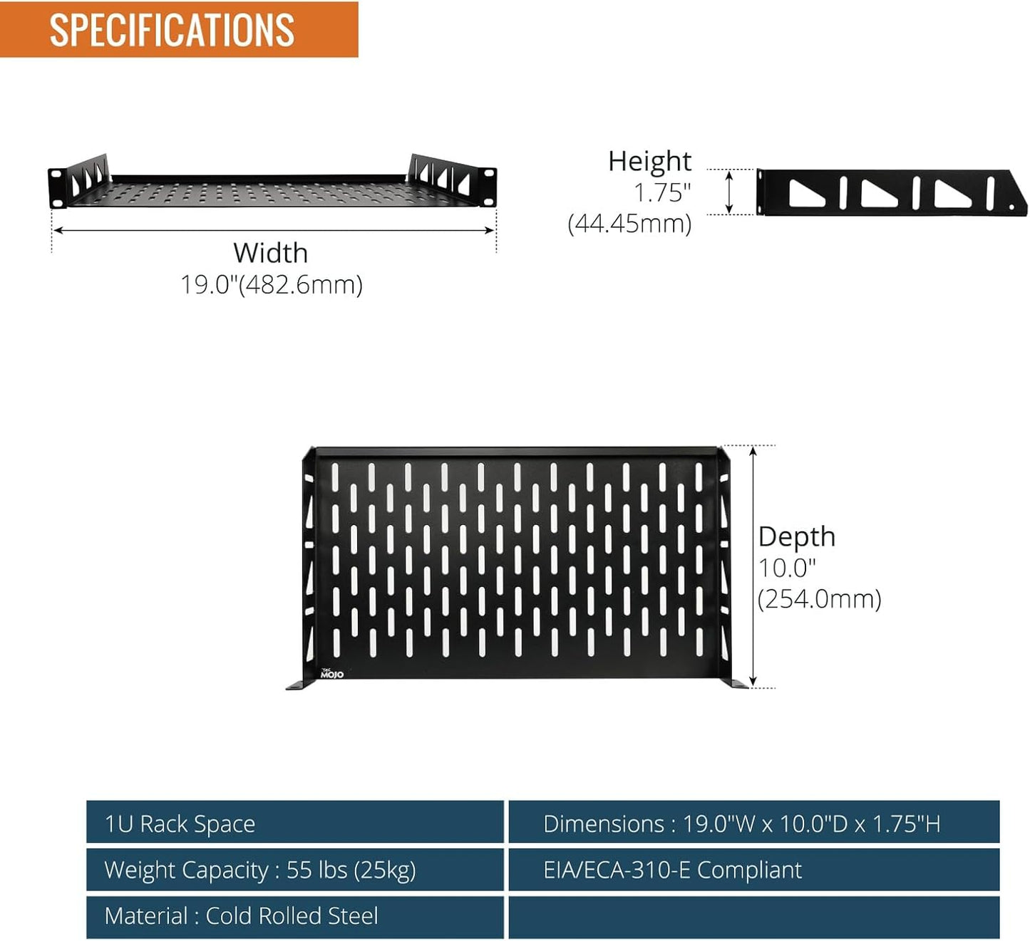 Tecmojo 1U Server Rack Shelf, Universal Vented Mount, 250mm Deep, Black NEW