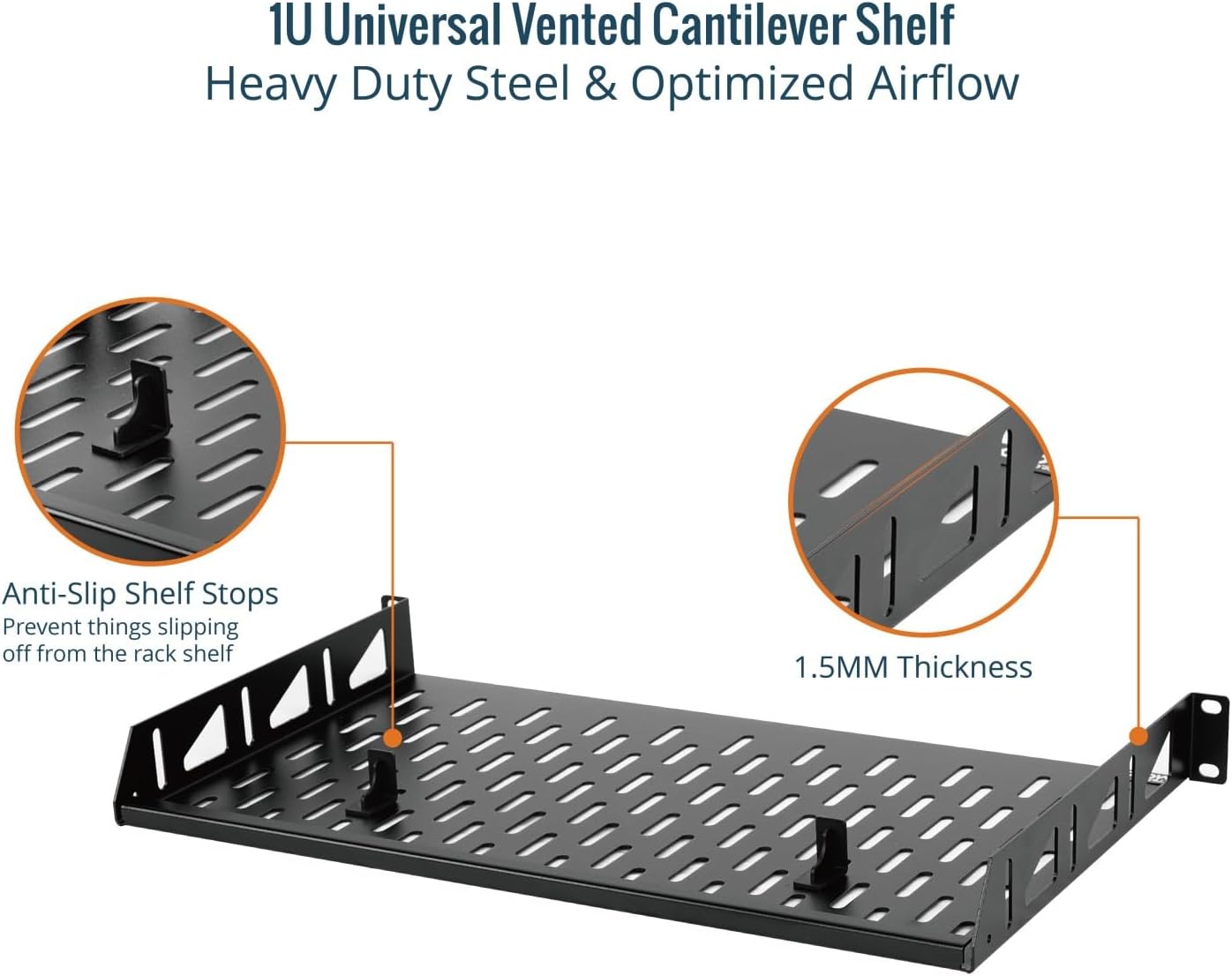 Tecmojo 1U Server Rack Shelf, Universal Vented Mount, 250mm Deep, Black NEW