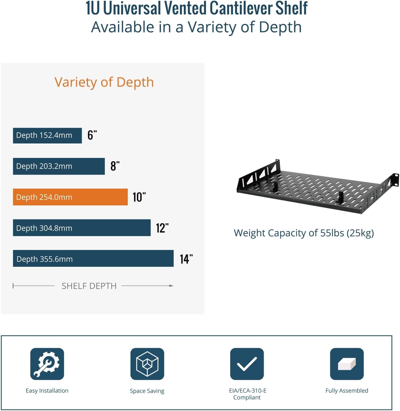 Tecmojo 1U Server Rack Shelf, Universal Vented Mount, 250mm Deep, Black NEW