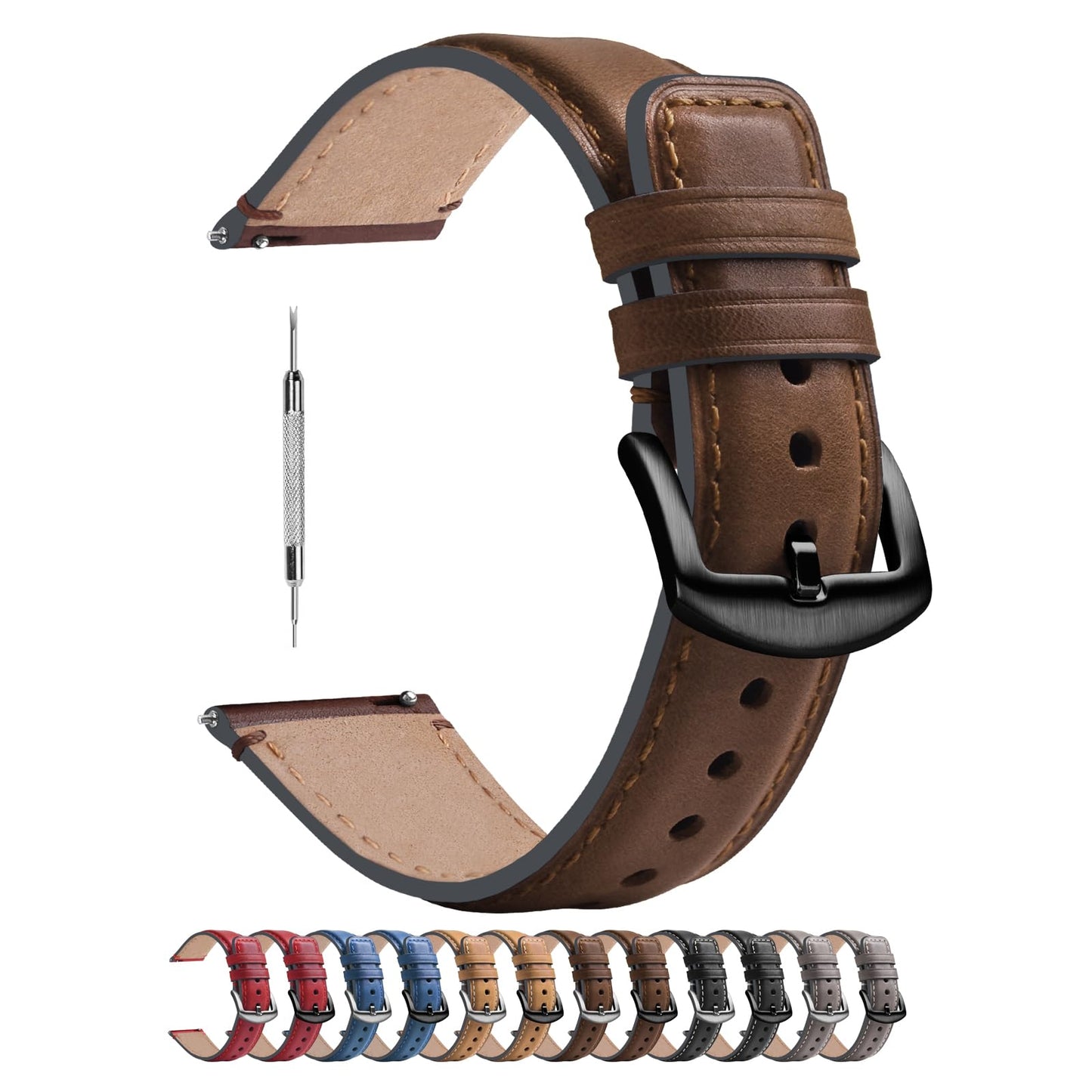 Fullmosa Vintage Leather Quick Release Watch Band for Men & Women, Brown DEMO