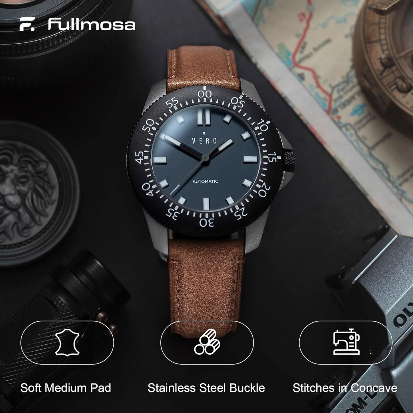 Fullmosa Vintage Leather Quick Release Watch Band for Men & Women, Brown DEMO