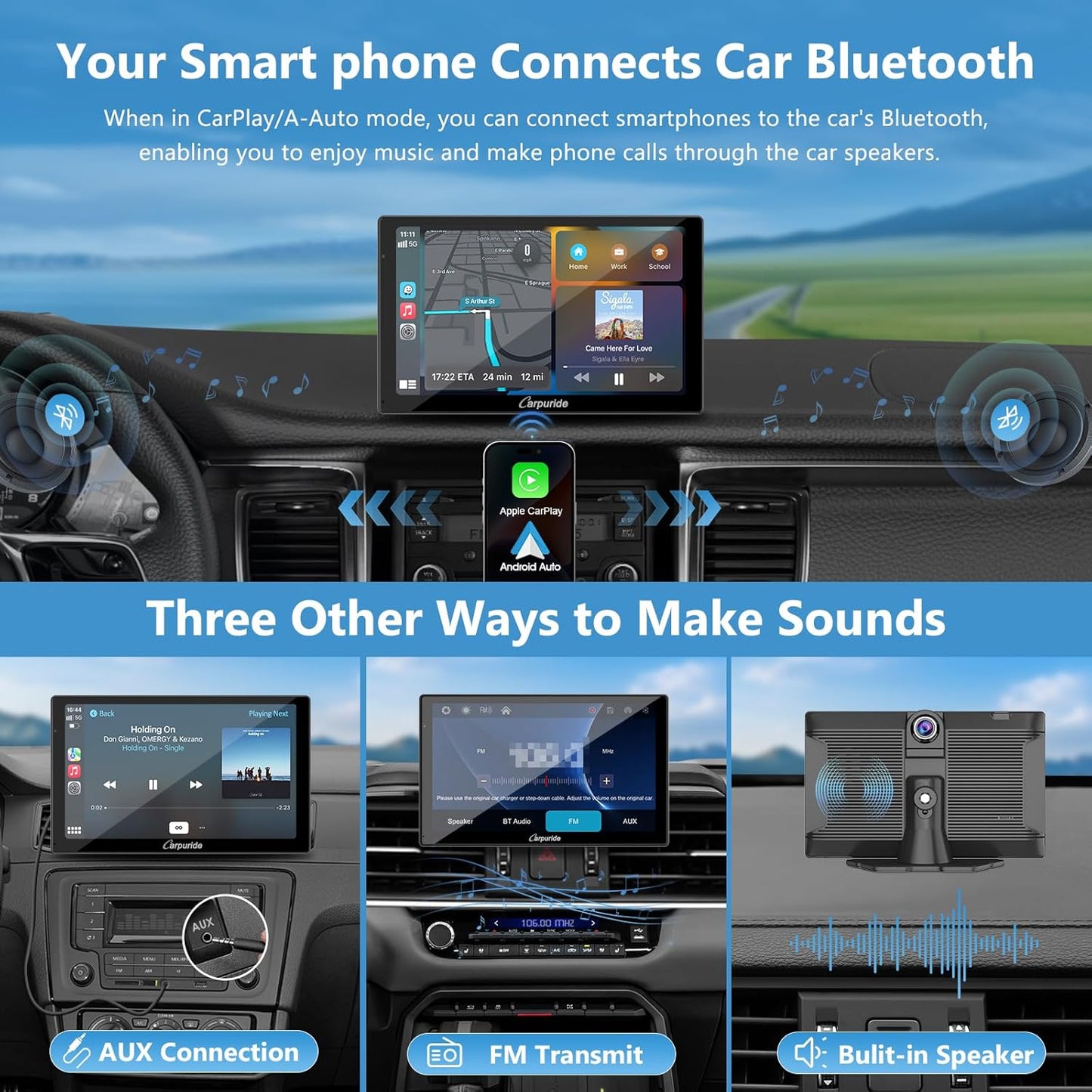 CARPURIDE Wireless Carplay & Android Auto Portable 9" Touch Car Screen DEMO