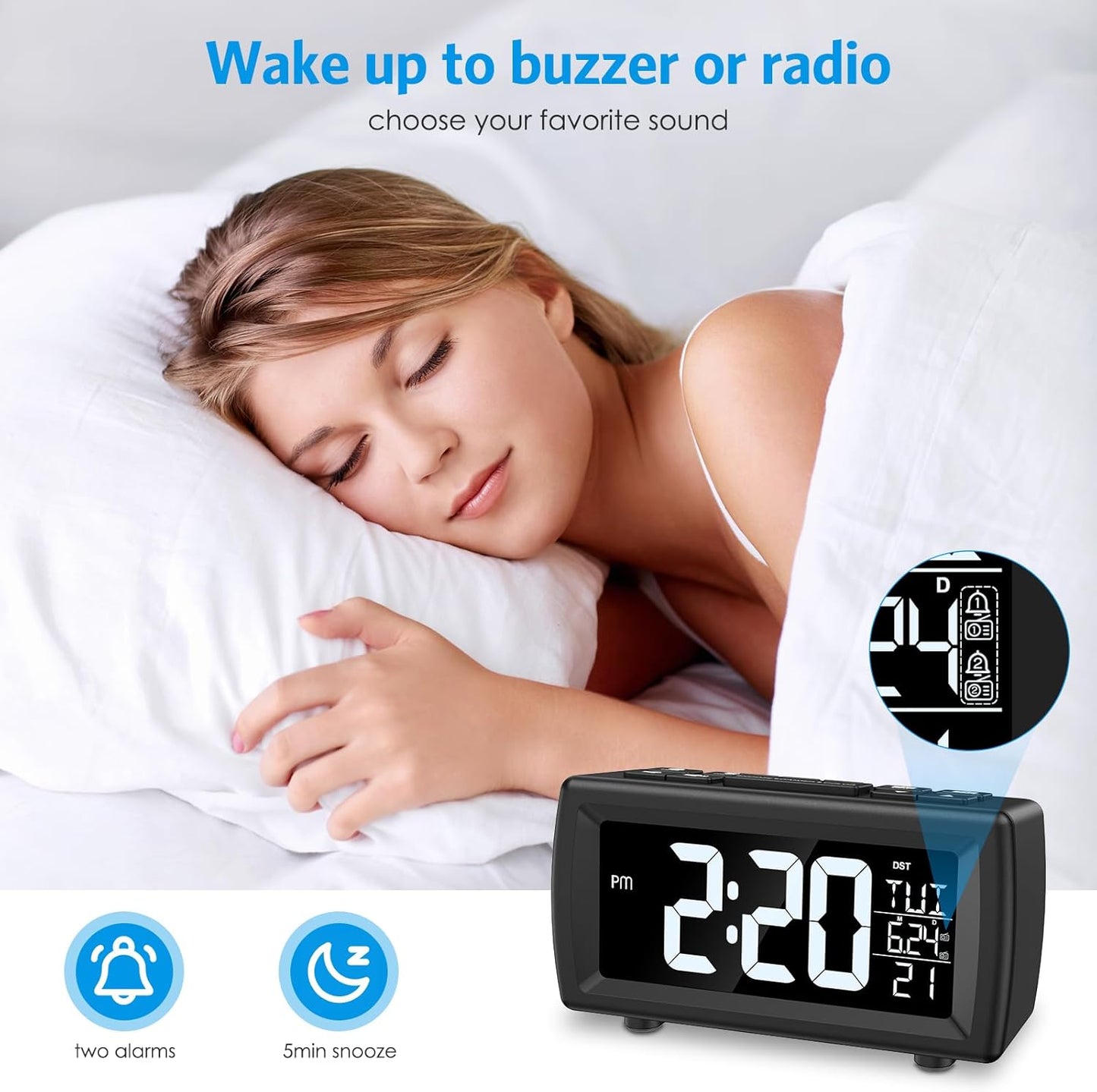 AMIR Bedside Digital FM Radio Alarm Clock Large Display Black Size 14.2 x DEMO