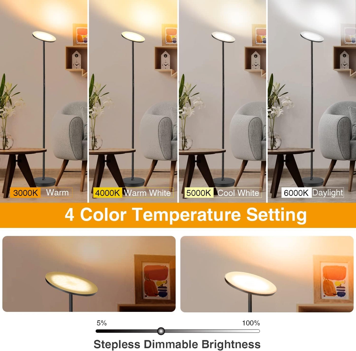 OUTON Dimmable LED Uplighter Floor Lamp 30W 3000LM Bright Modern Torchiere DEMO