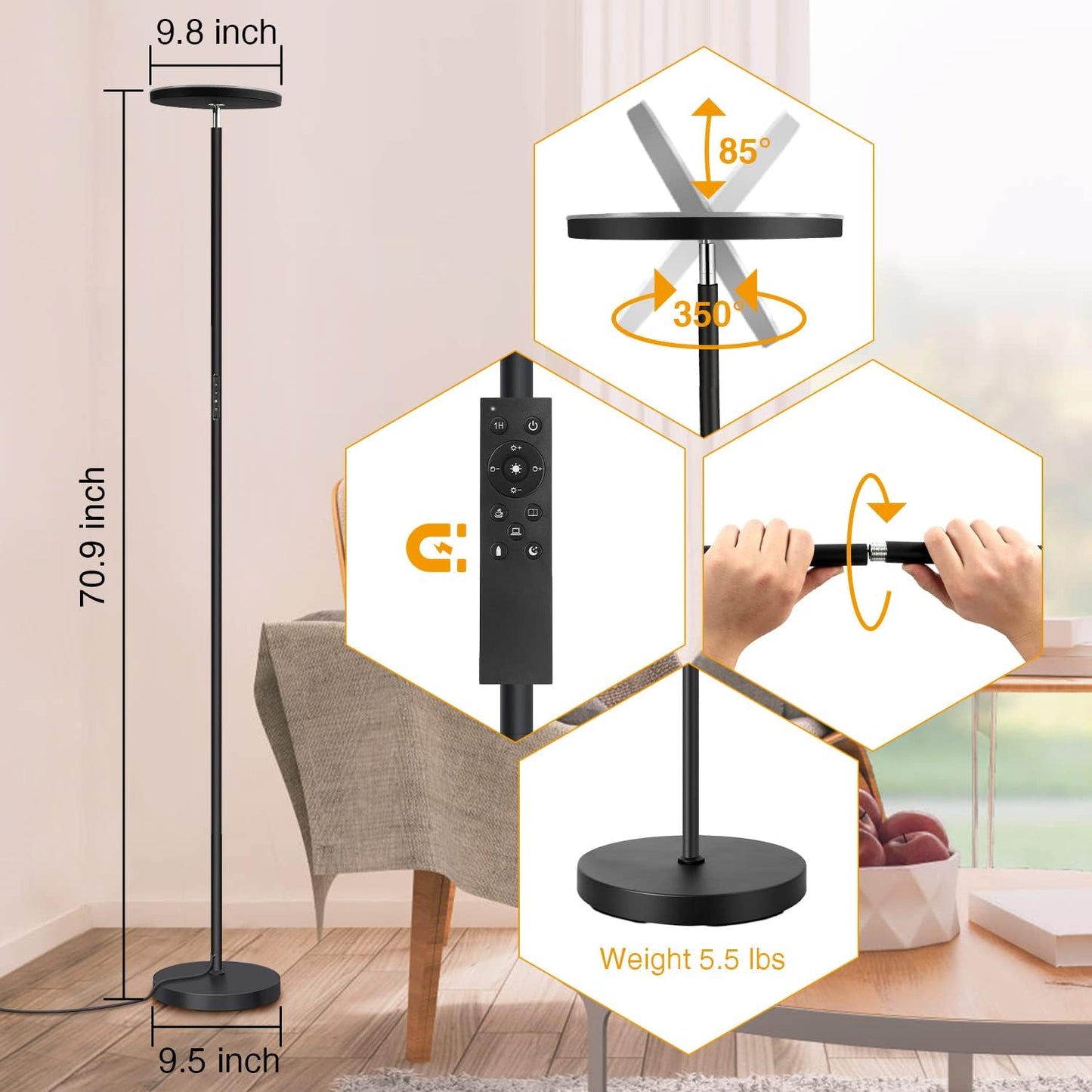 OUTON Dimmable LED Uplighter Floor Lamp 30W 3000LM Bright Modern Torchiere DEMO