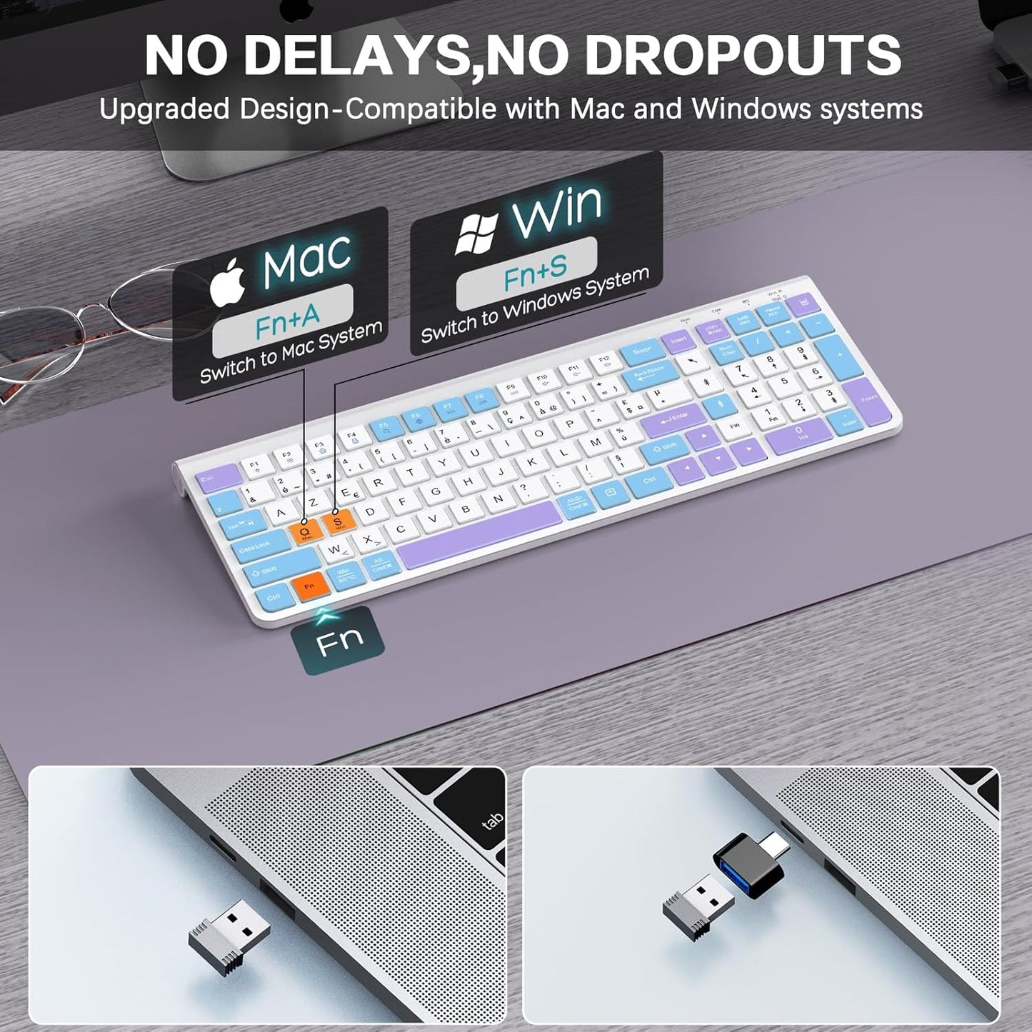 JOYACCESS Wireless Keyboard Ergonomic Silent Slim with Numeric Pad Purple DEMO