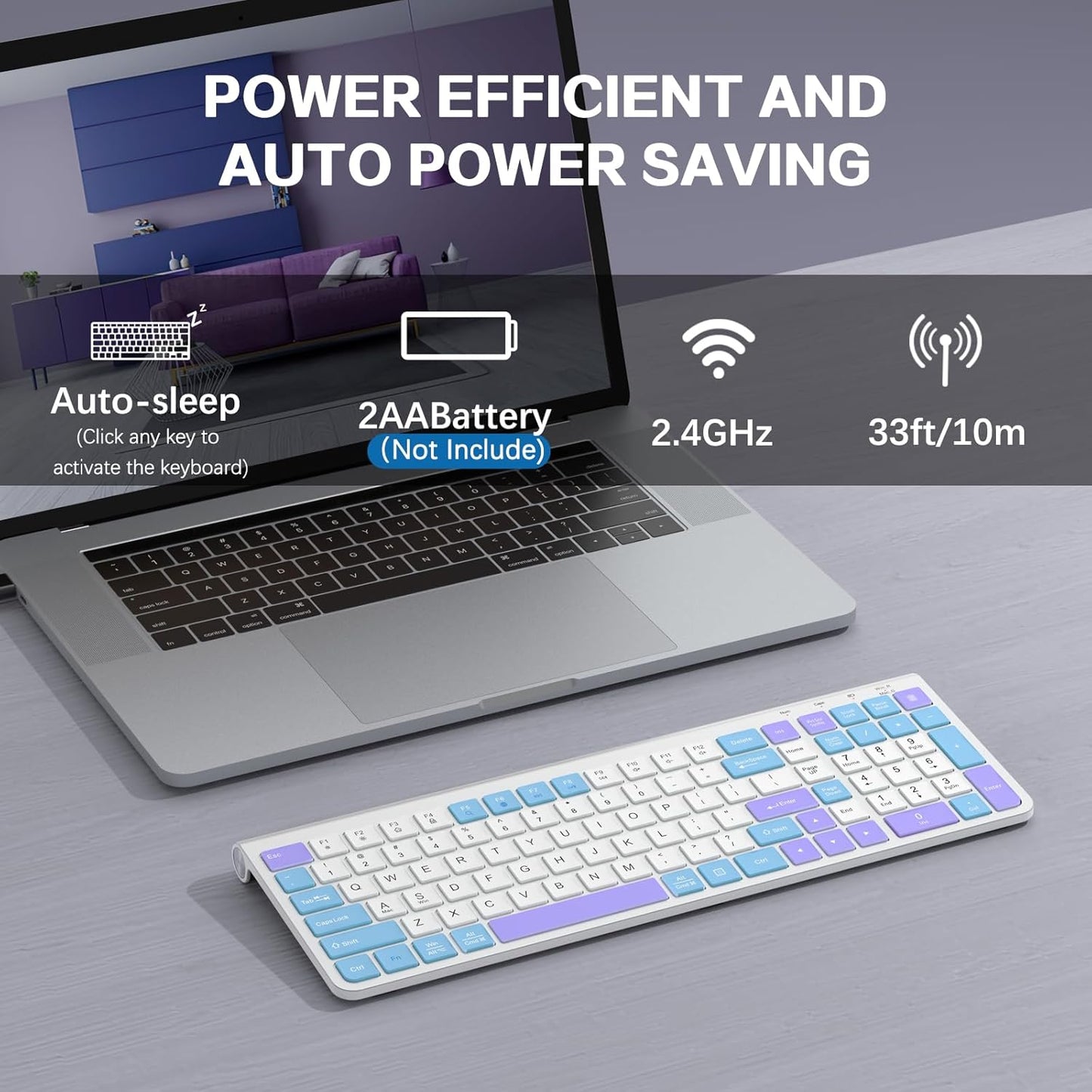 JOYACCESS Wireless Keyboard Ergonomic Silent Slim with Numeric Pad Purple DEMO