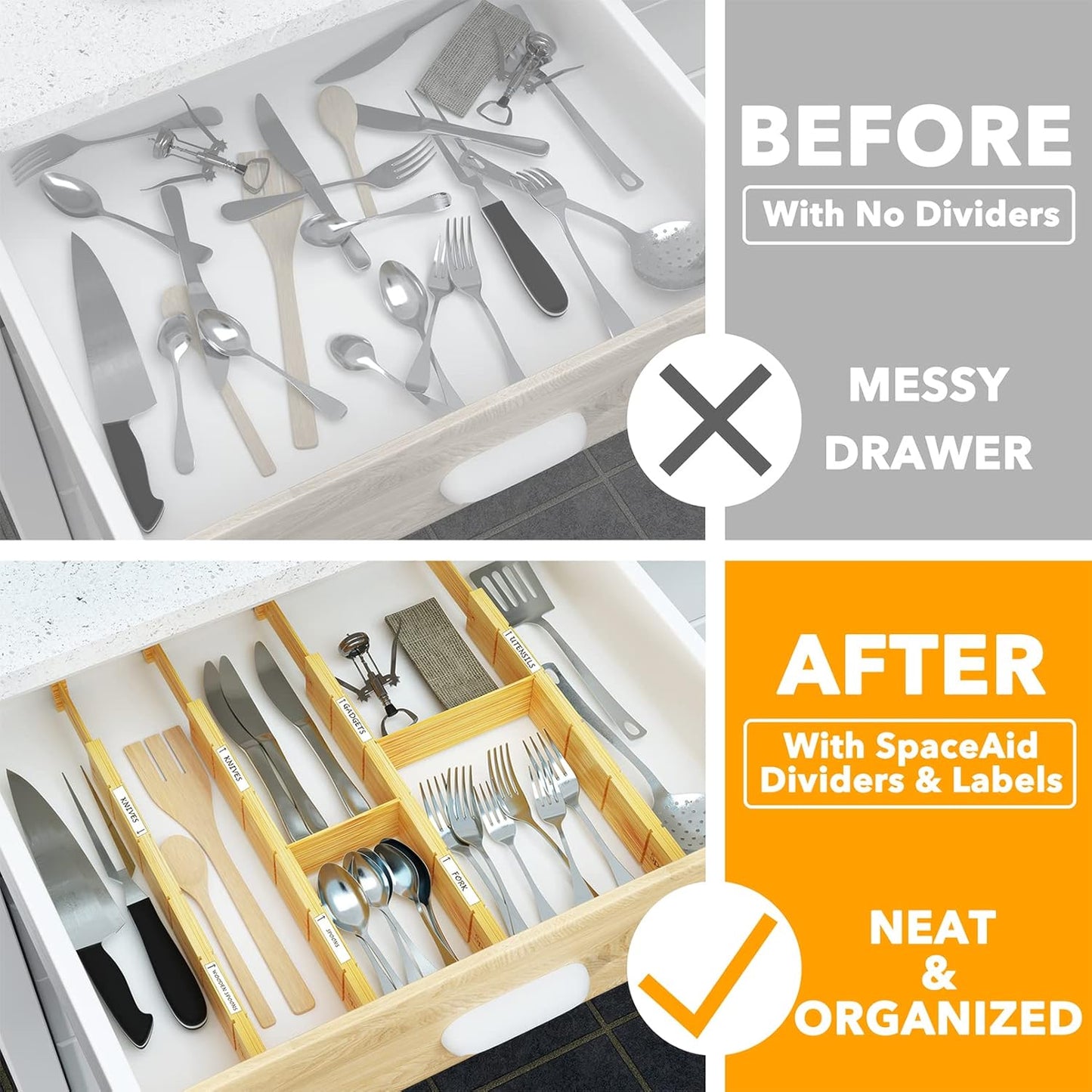 SpaceAid Bamboo Drawer Dividers with Inserts and Labels Adjustable Kitchen DEMO