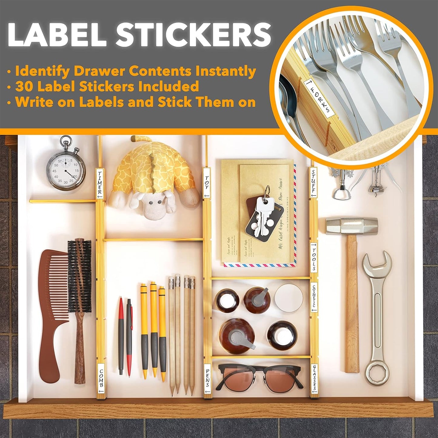 SpaceAid Bamboo Drawer Dividers with Inserts and Labels Adjustable Kitchen DEMO
