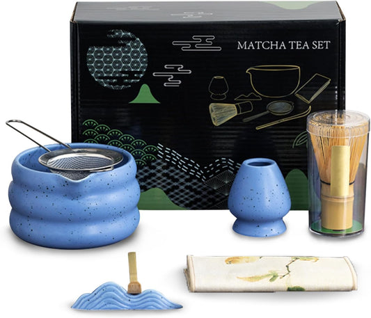 YHdesign Ceramic Matcha Bowl, Whisk, and Holder Set in Blue for Ceremonial DEMO