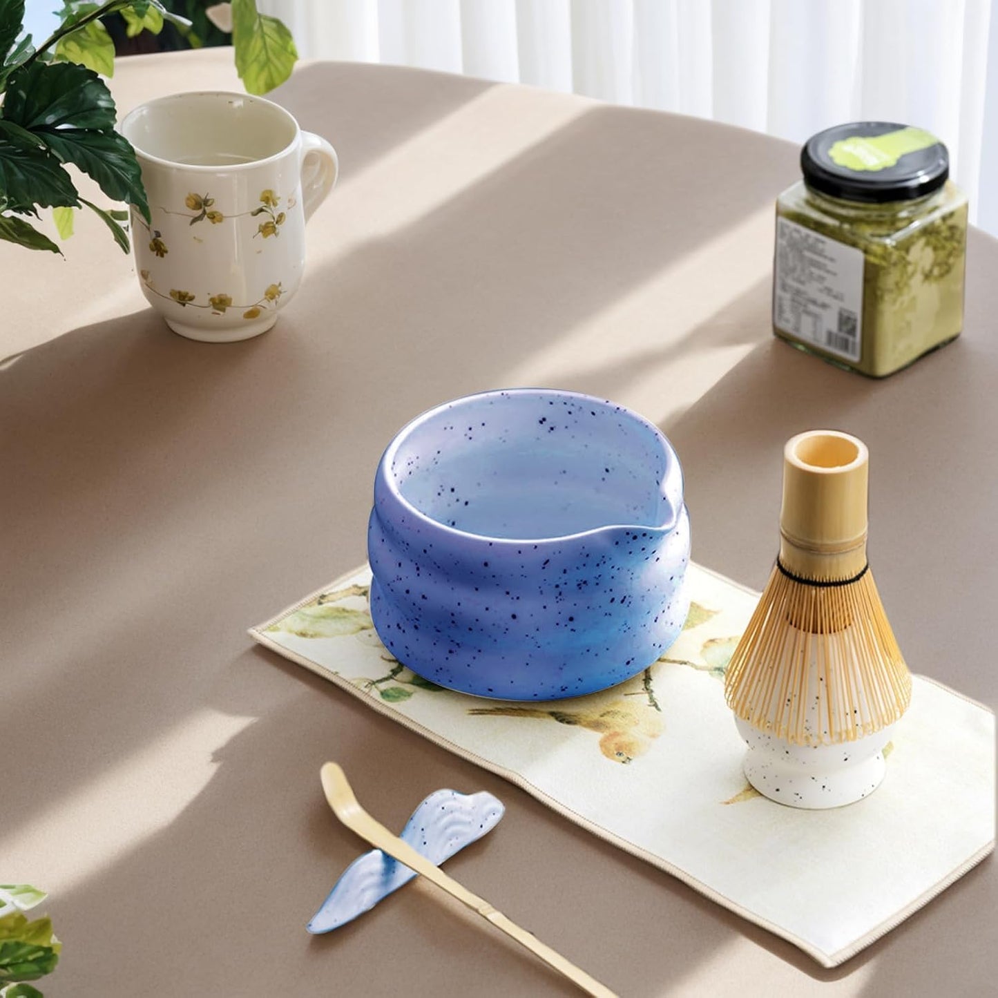 YHdesign Ceramic Matcha Bowl, Whisk, and Holder Set in Blue for Ceremonial DEMO