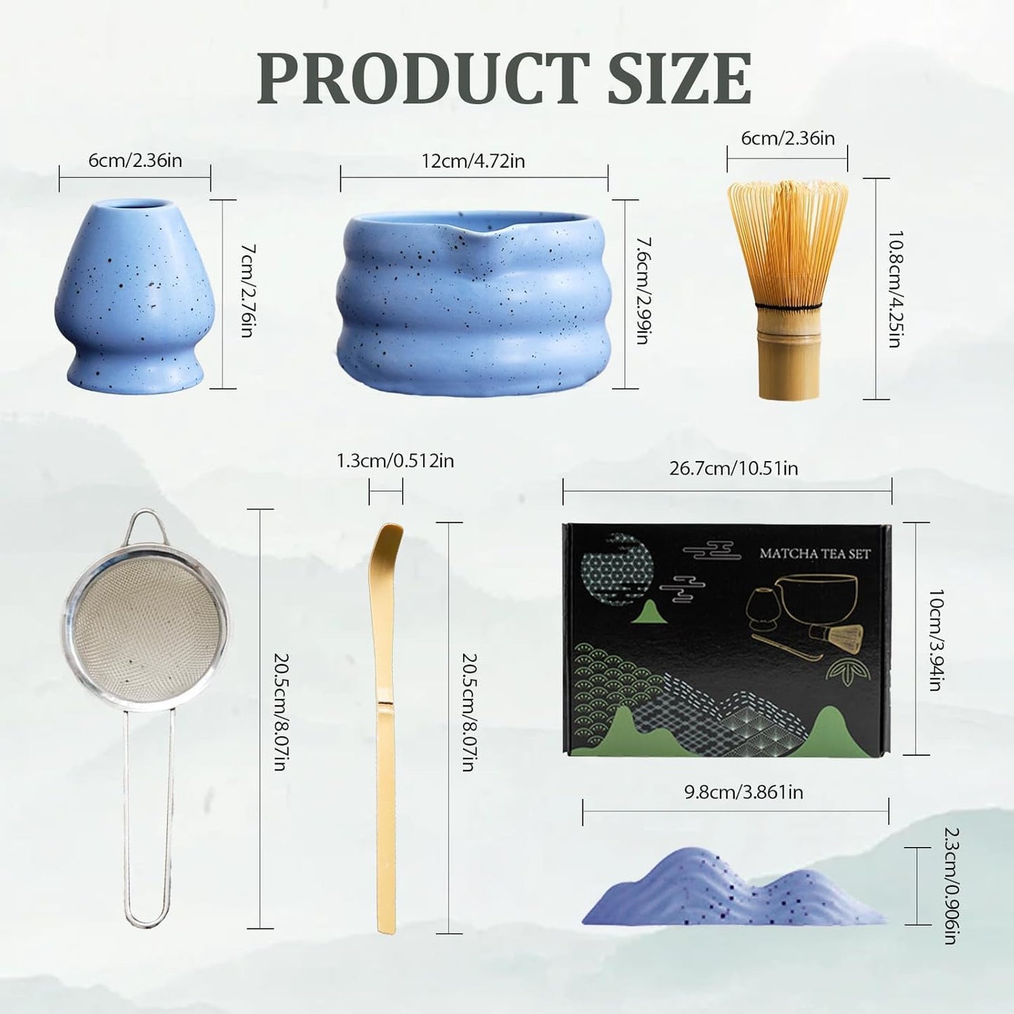 YHdesign Ceramic Matcha Bowl, Whisk, and Holder Set in Blue for Ceremonial DEMO