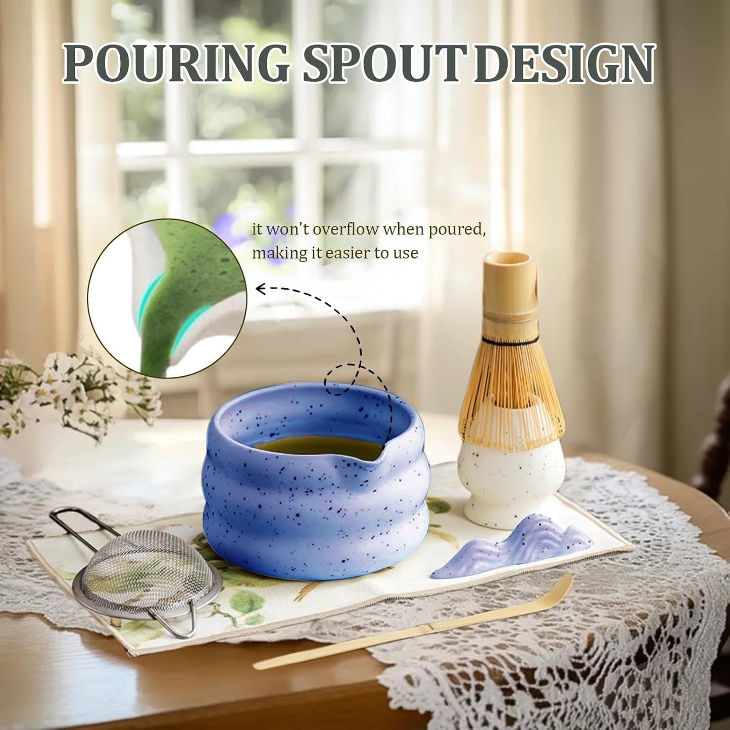YHdesign Ceramic Matcha Bowl, Whisk, and Holder Set in Blue for Ceremonial DEMO