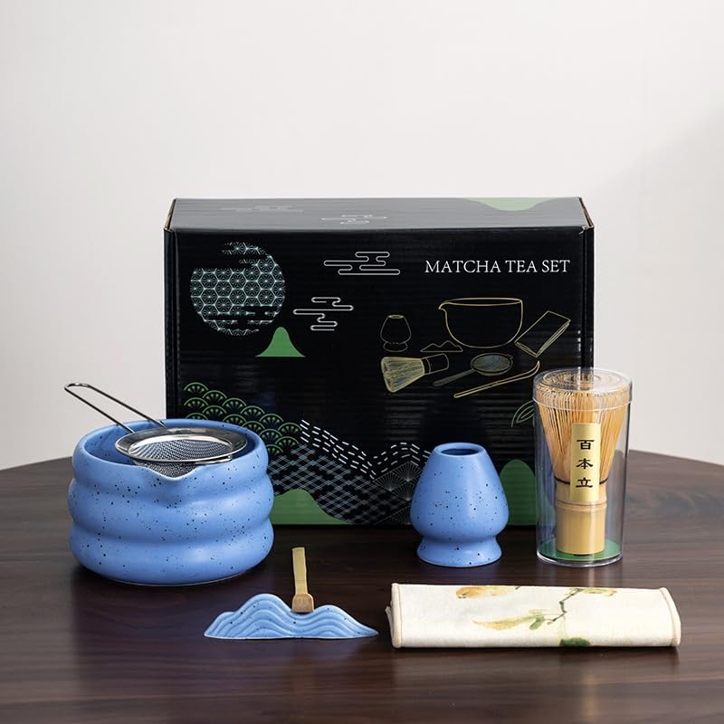 YHdesign Ceramic Matcha Bowl, Whisk, and Holder Set in Blue for Ceremonial DEMO