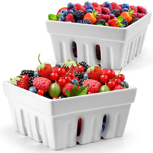 MIAMIO Ceramic Berry Basket Set of 2 Cute Kitchen Fruit Bowl with Draining DEMO