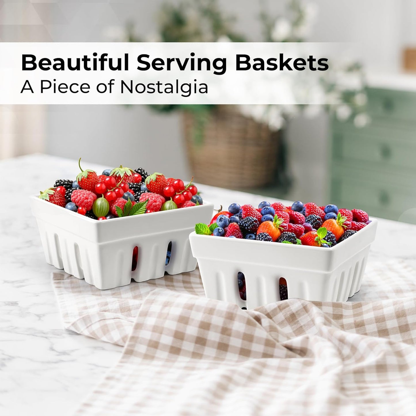 MIAMIO Ceramic Berry Basket Set of 2 Cute Kitchen Fruit Bowl with Draining DEMO