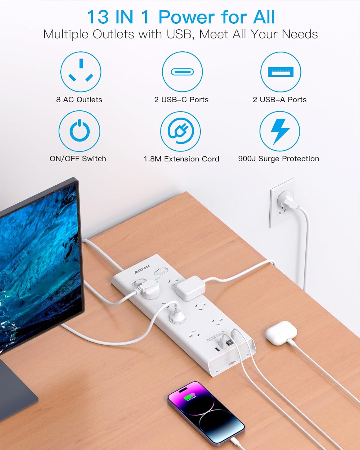Addtam Surge Protector Power Board 8 Outlets 4 USB Ports Overload DEMO