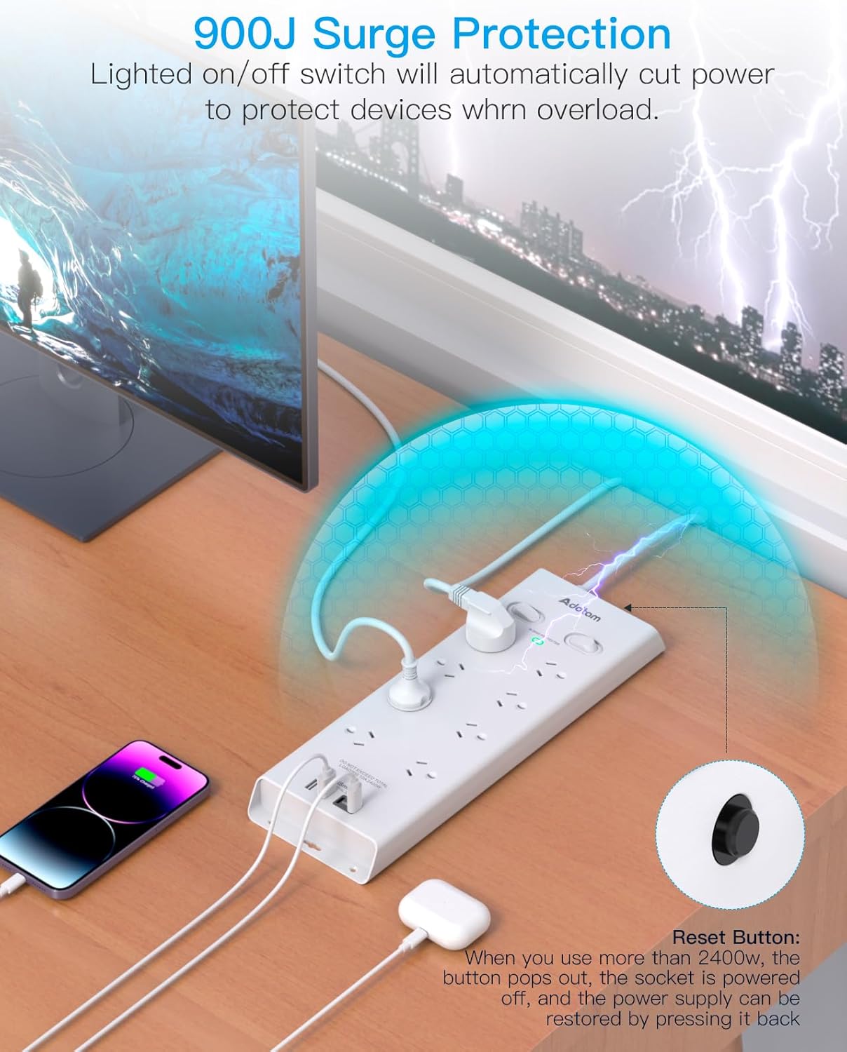 Addtam Surge Protector Power Board 8 Outlets 4 USB Ports Overload DEMO