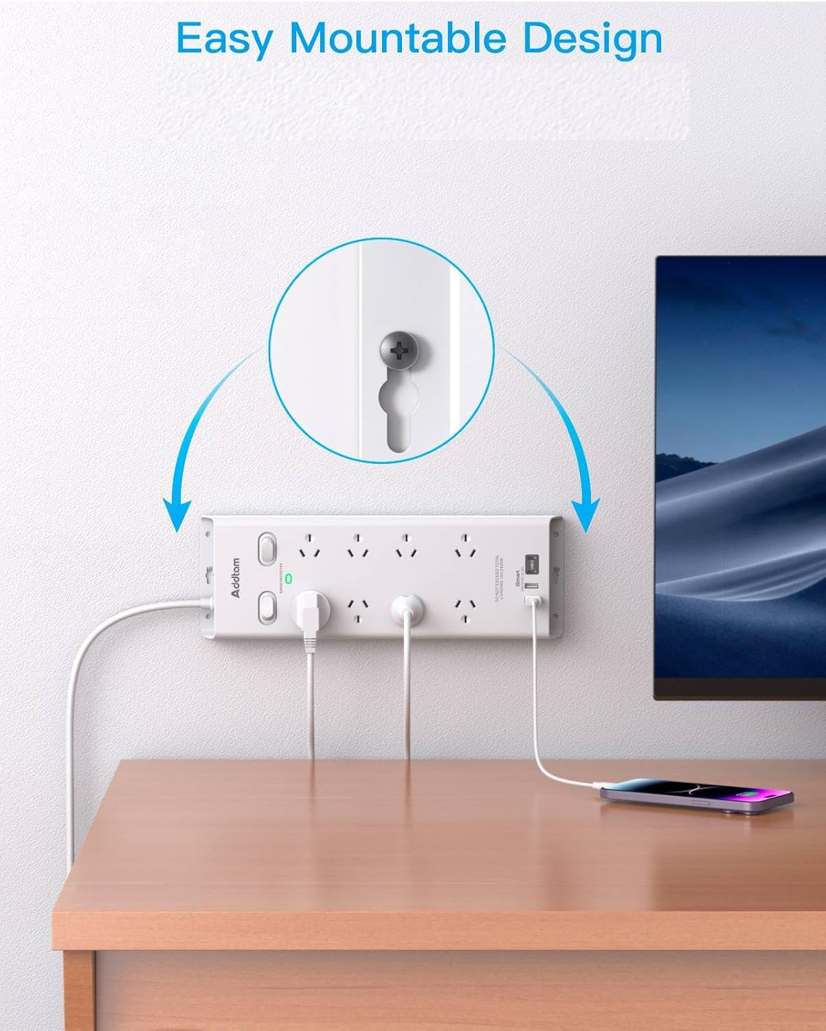 Addtam Surge Protector Power Board 8 Outlets 4 USB Ports Overload DEMO