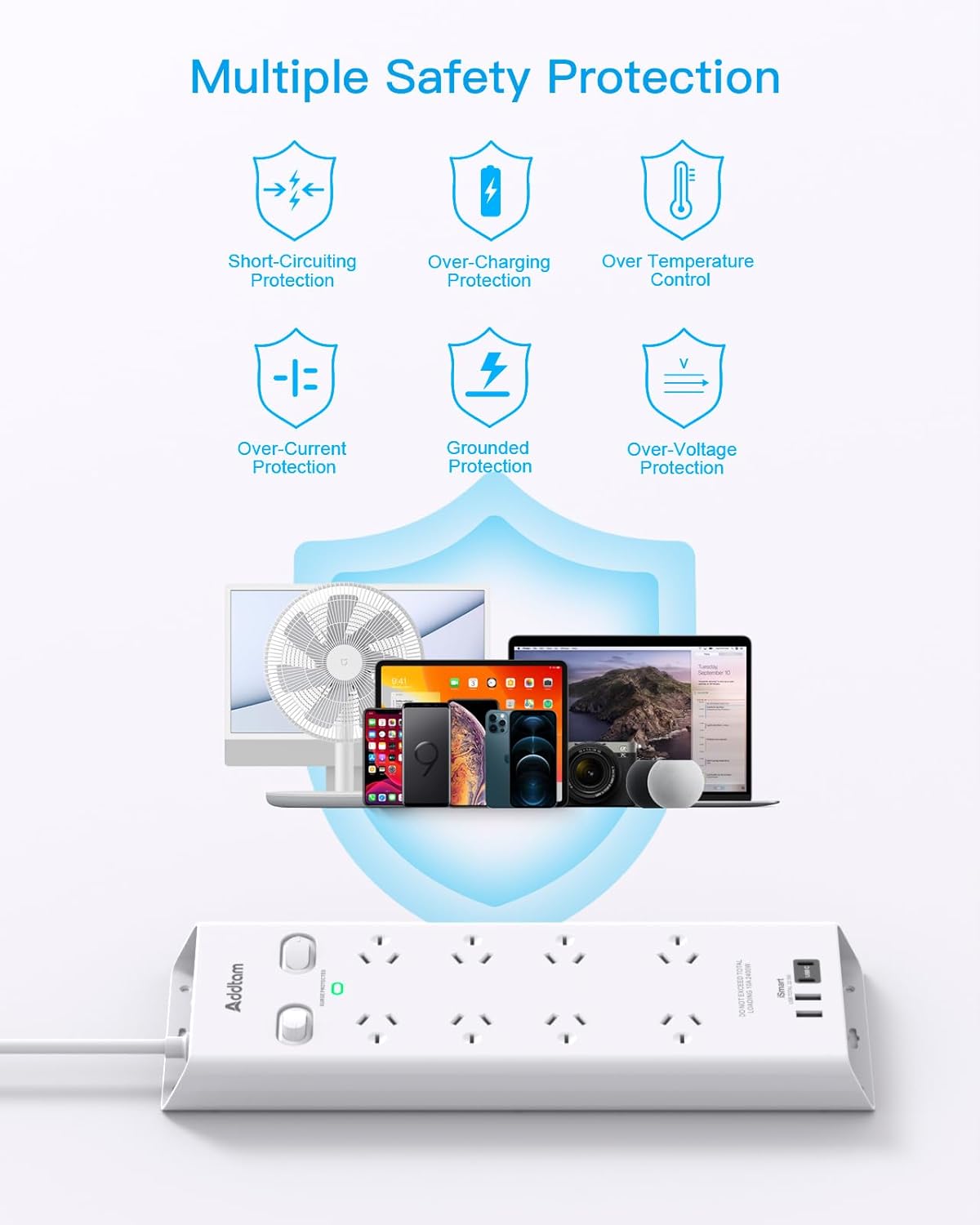 Addtam Surge Protector Power Board 8 Outlets 4 USB Ports Overload DEMO