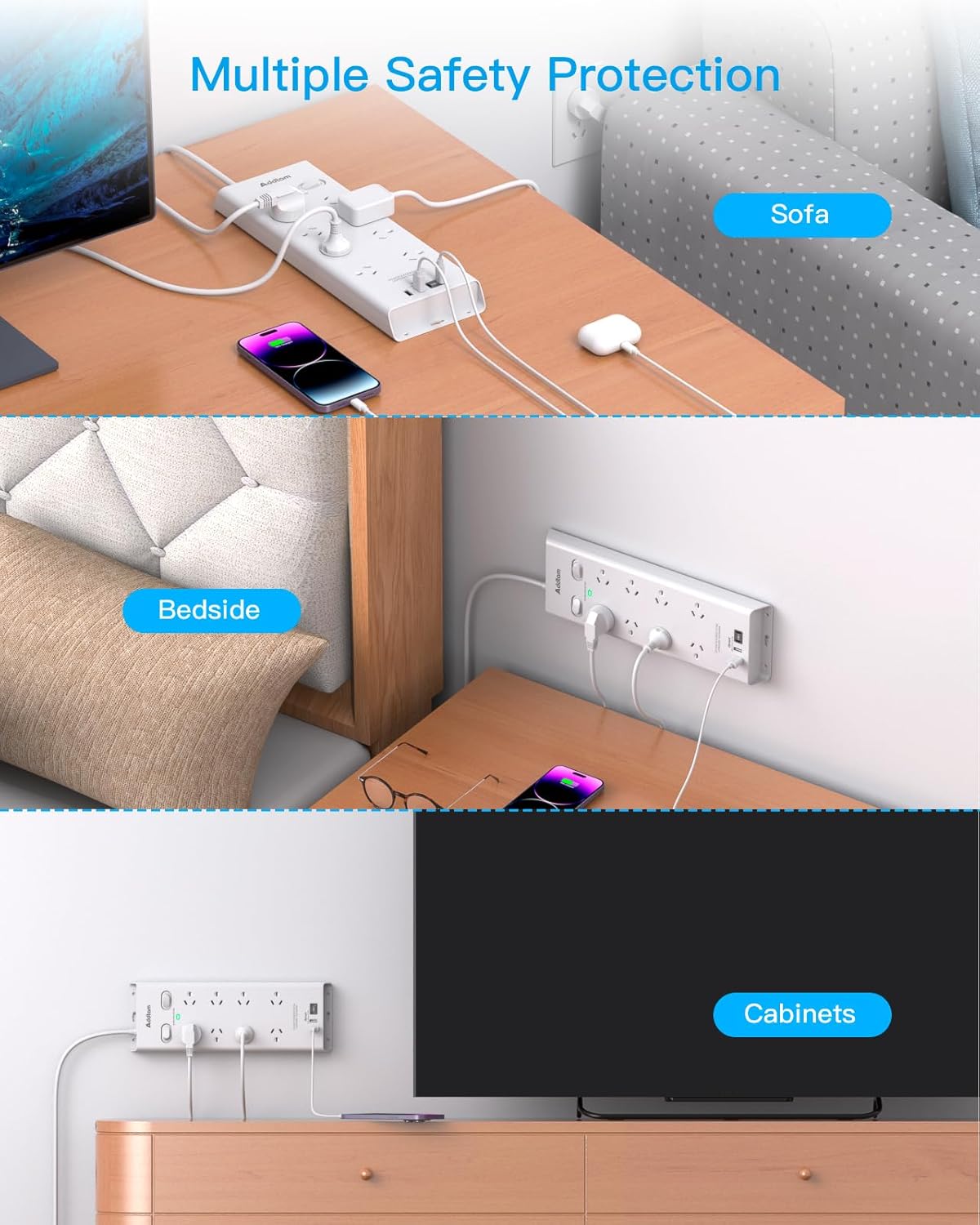 Addtam Surge Protector Power Board 8 Outlets 4 USB Ports Overload DEMO