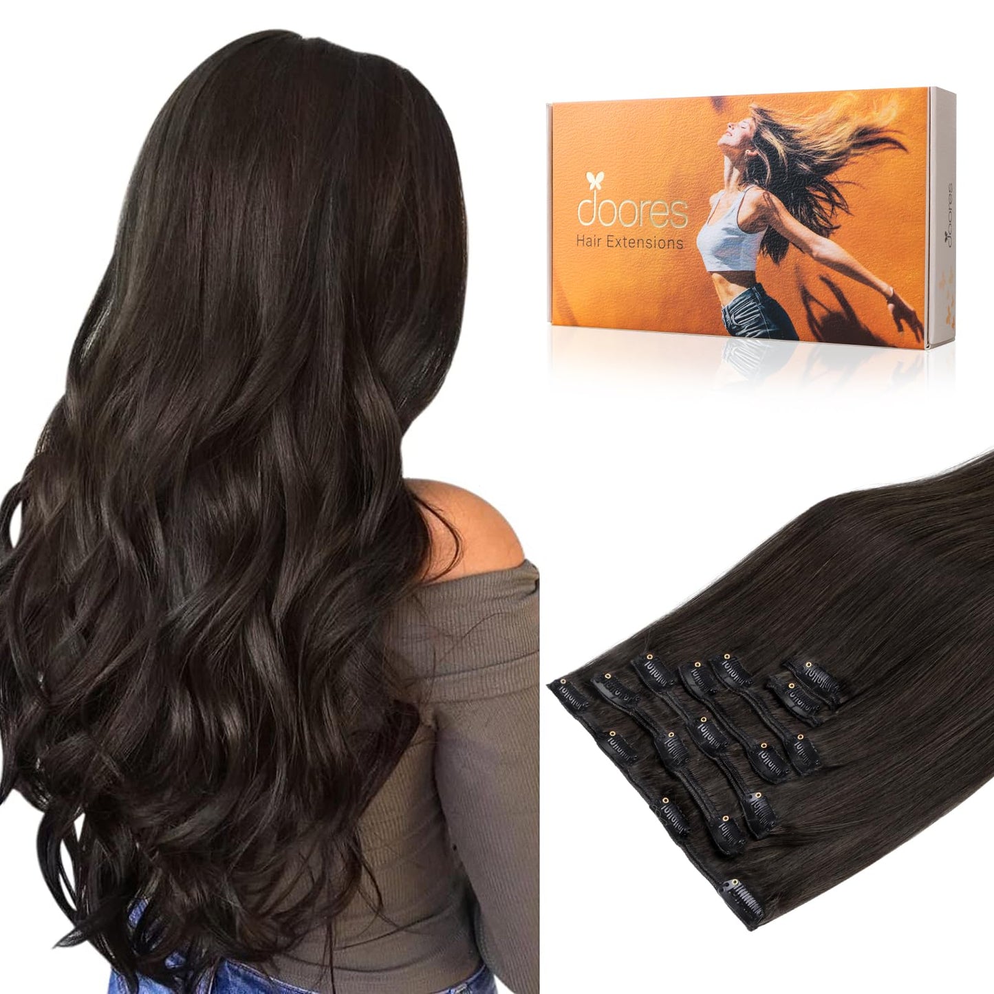 DOORES Hair Extensions Straight Remy Clip-in Dark Brown 18 Inch 120g 7pcs NEW