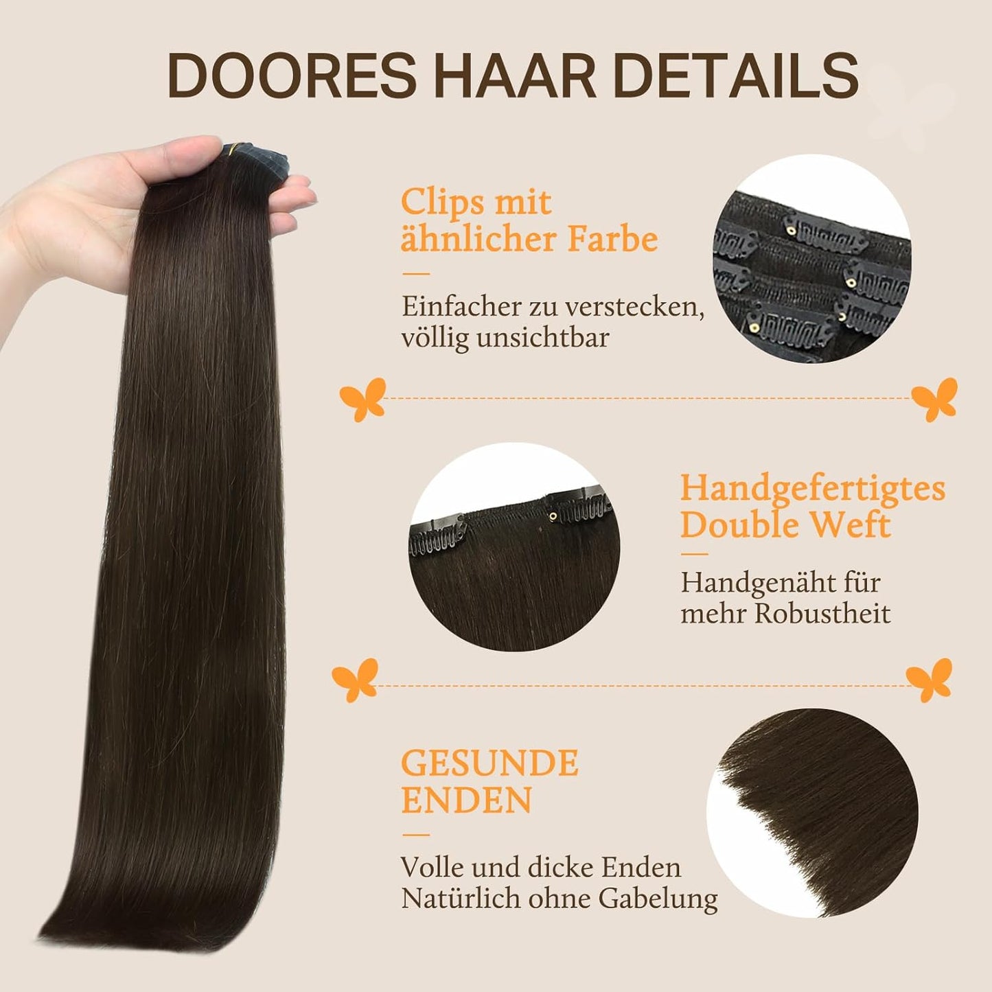 DOORES Hair Extensions Straight Remy Clip-in Dark Brown 18 Inch 120g 7pcs NEW