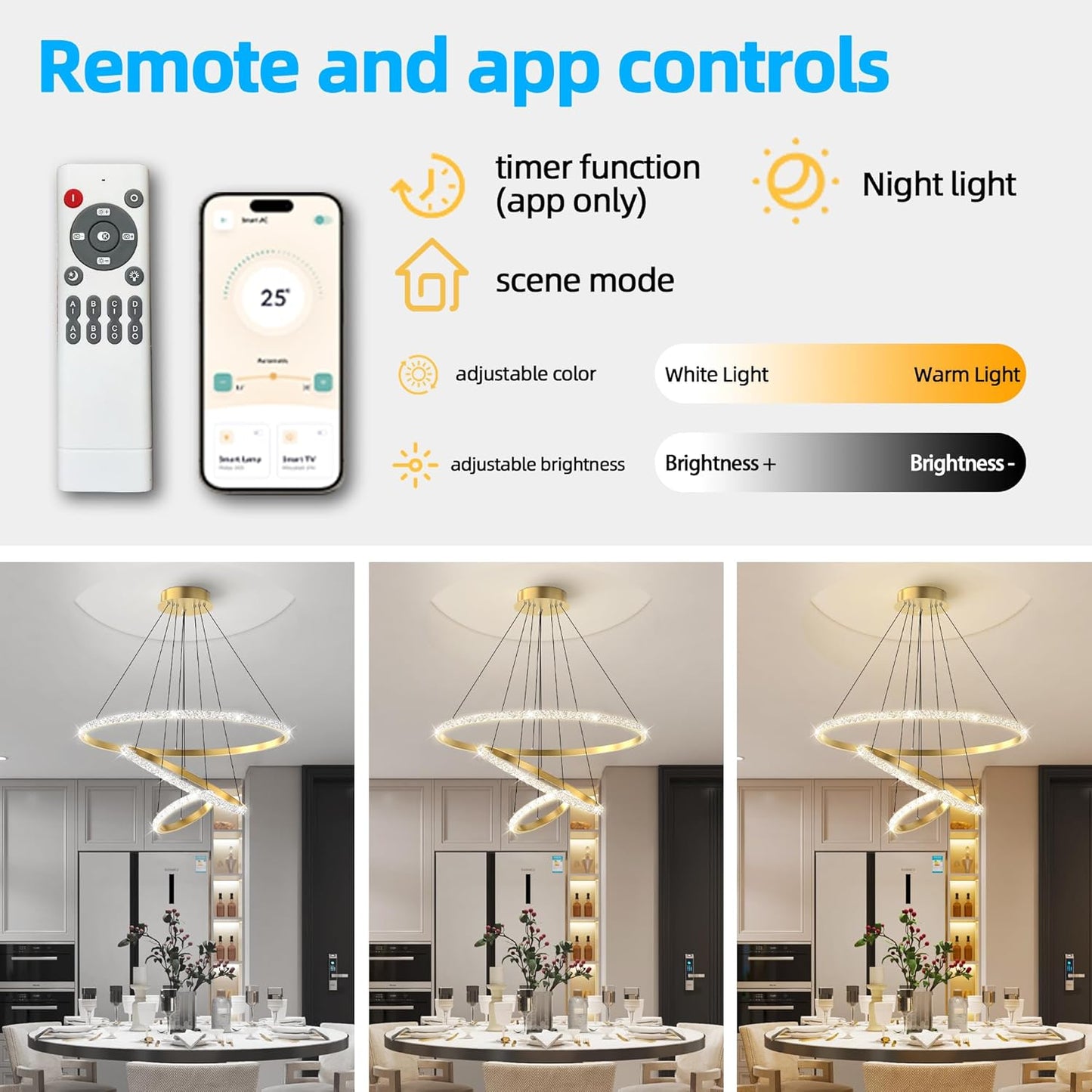 Bacowikin Modern 3Rings Dimmable Gold Pendant Light APP Controlled NEW