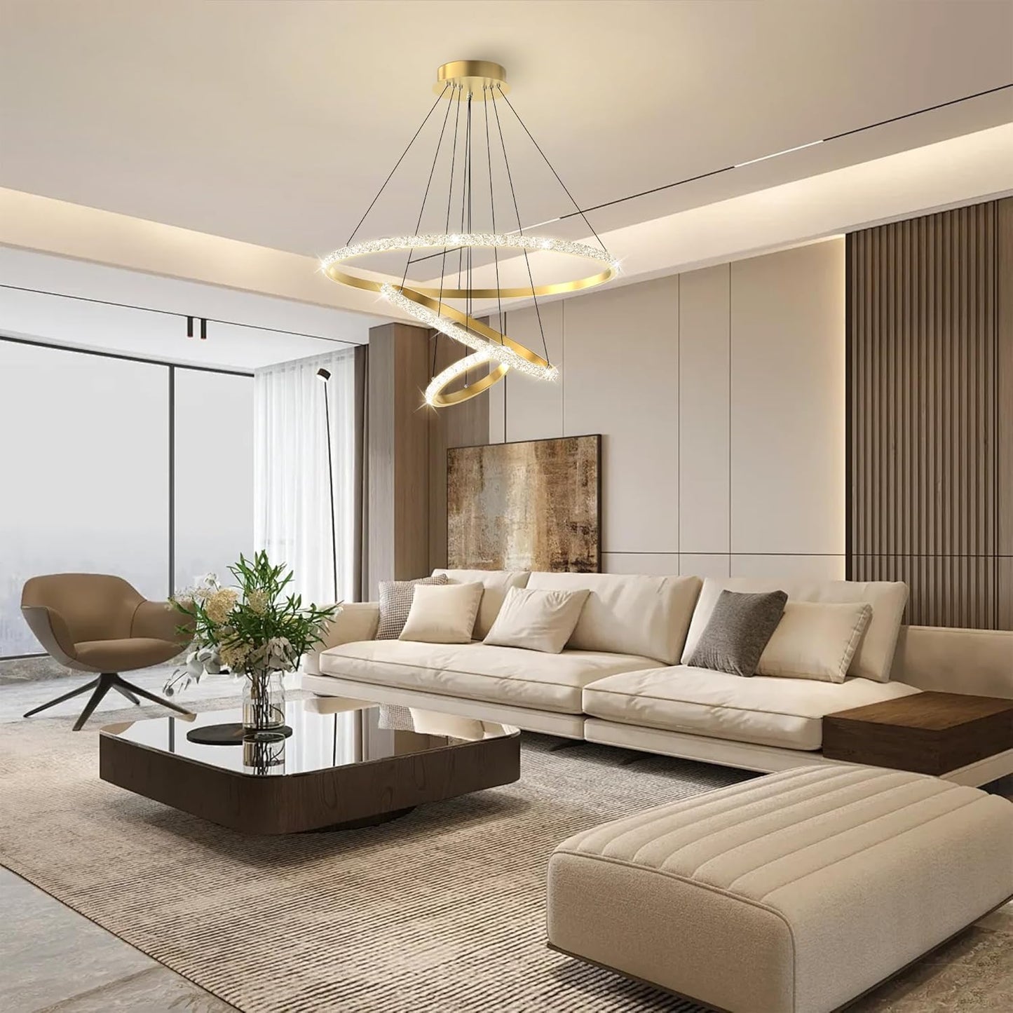 Bacowikin Modern 3Rings Dimmable Gold Pendant Light APP Controlled NEW