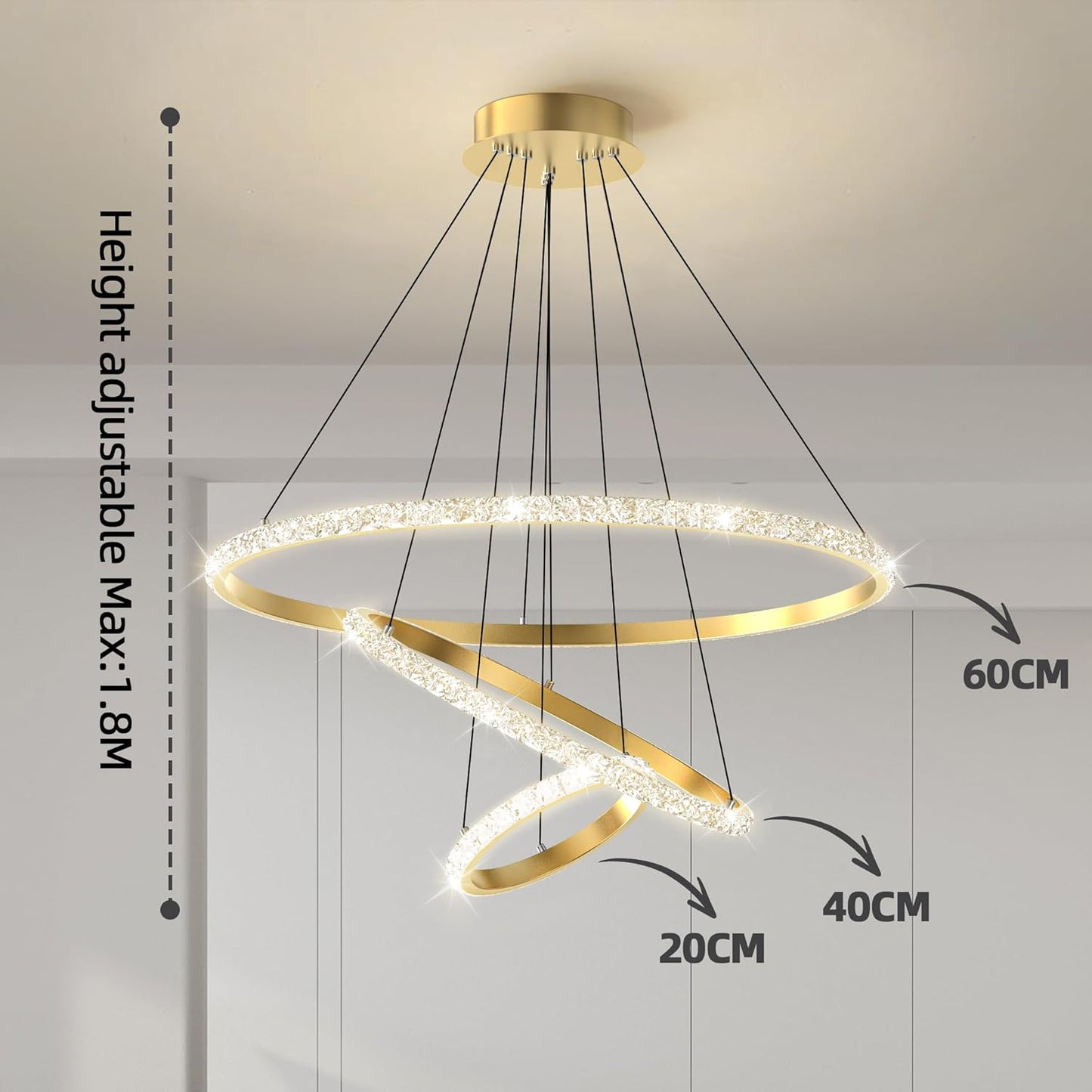 Bacowikin Modern 3Rings Dimmable Gold Pendant Light APP Controlled NEW