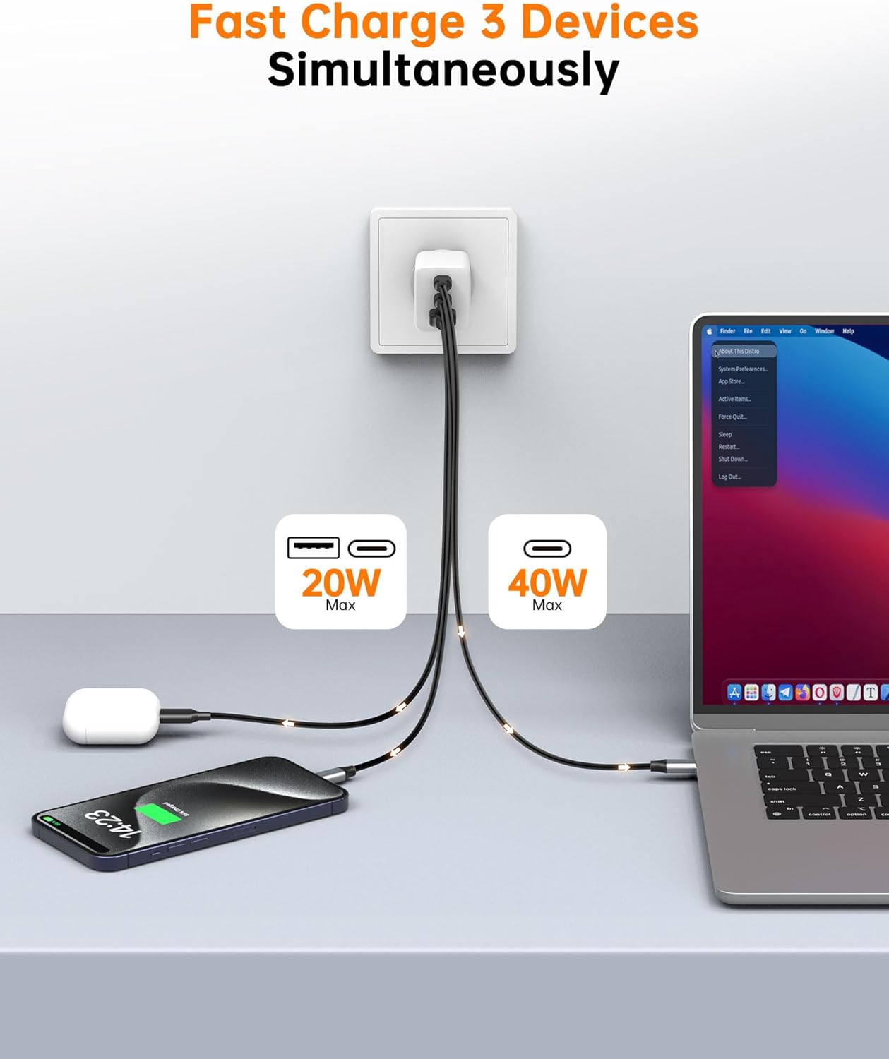 NOVOO 67W USB C Fast Charger Block with 3 Ports, PD 3.0 & PPS, GaN III White NEW