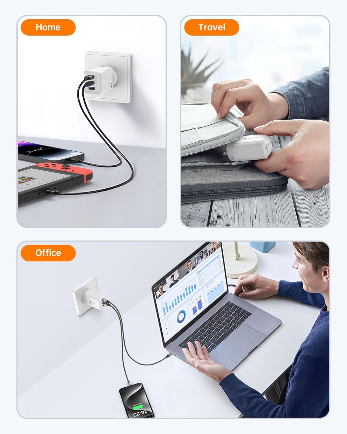 NOVOO 67W USB C Fast Charger Block with 3 Ports, PD 3.0 & PPS, GaN III White NEW