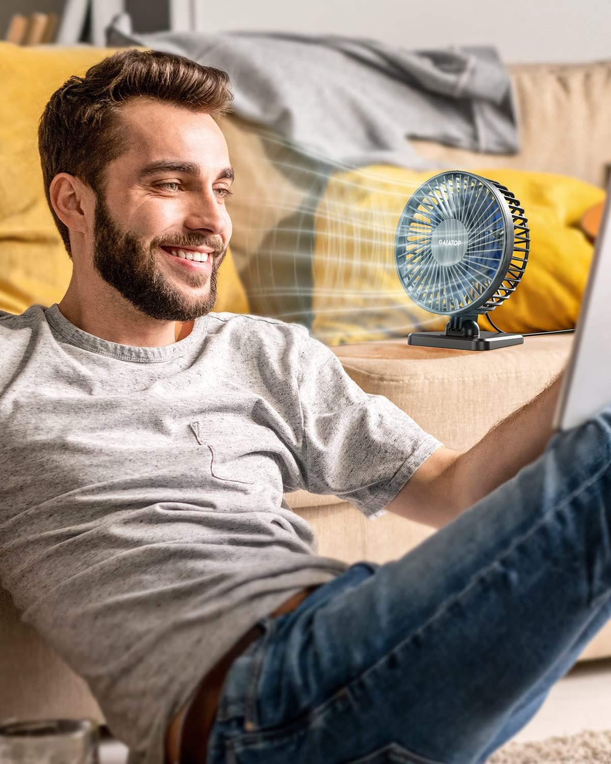 Gaiatop USB Desk Fan Powerful Portable Quiet 3 Speeds Wind Desktop Blue NEW