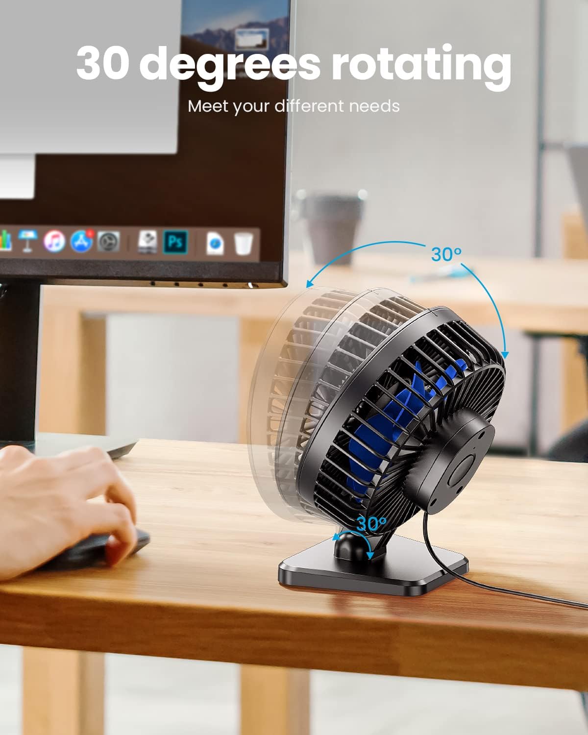 Gaiatop USB Desk Fan Powerful Portable Quiet 3 Speeds Wind Desktop Blue NEW