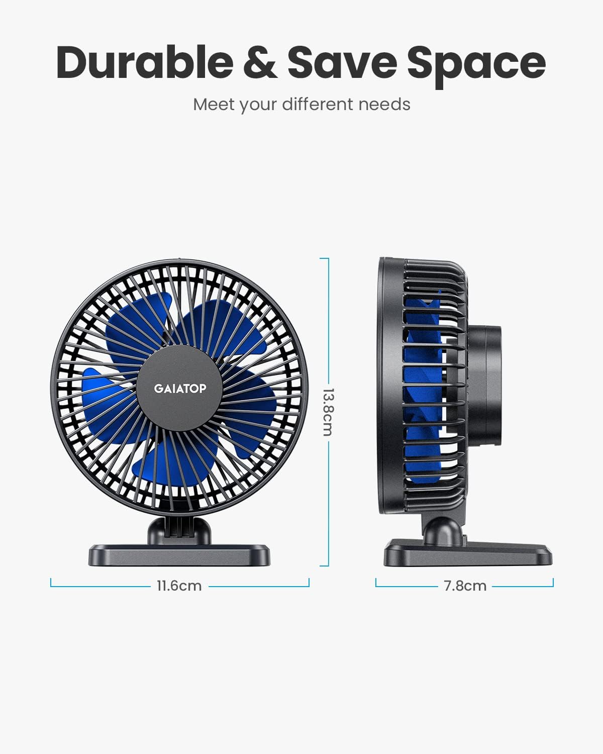 Gaiatop USB Desk Fan Powerful Portable Quiet 3 Speeds Wind Desktop Blue NEW