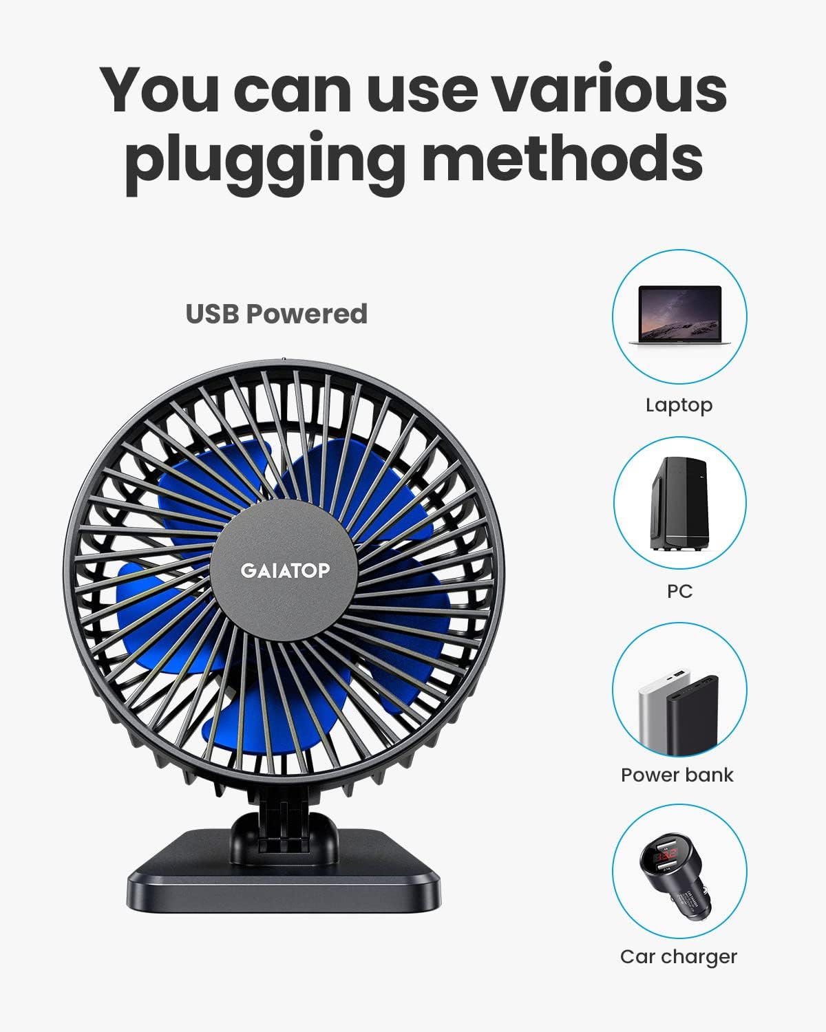 Gaiatop USB Desk Fan Powerful Portable Quiet 3 Speeds Wind Desktop Blue NEW