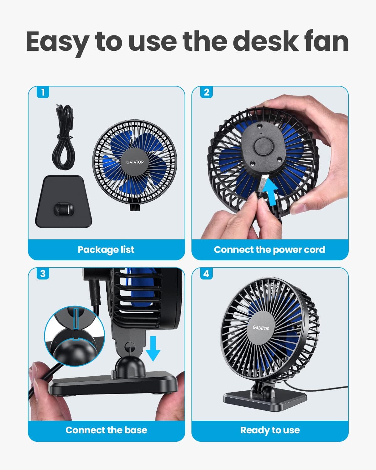 Gaiatop USB Desk Fan Powerful Portable Quiet 3 Speeds Wind Desktop Blue NEW