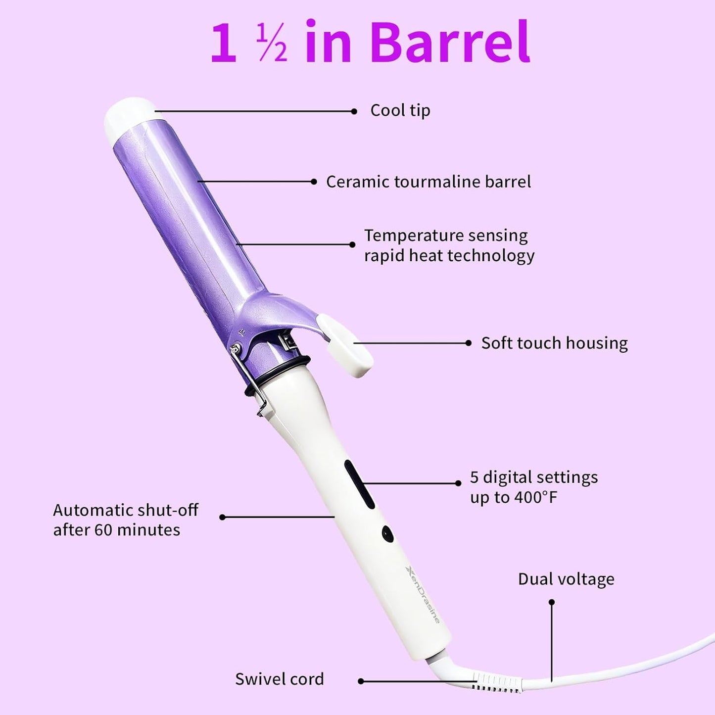 XenDrasine 40mm Purple Curling Tongs for Medium & Long Hair, 1.57in DEMO