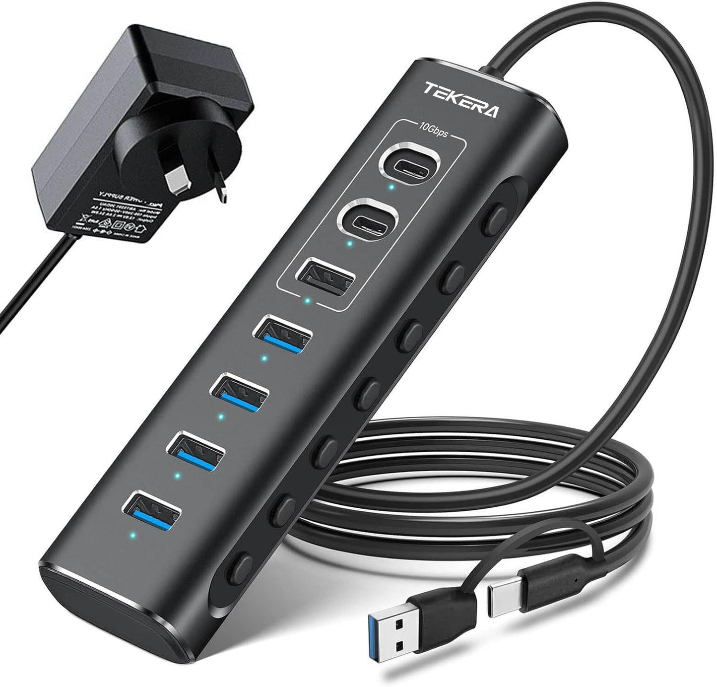 TEKERA 7-Port USB 3.2 Gen 2 Hub with 10Gbps USB-A and USB-C Ports, Black NEW