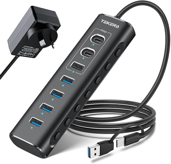 TEKERA 7-Port USB 3.2 Gen 2 Hub with 10Gbps USB-A and USB-C Ports, Black NEW