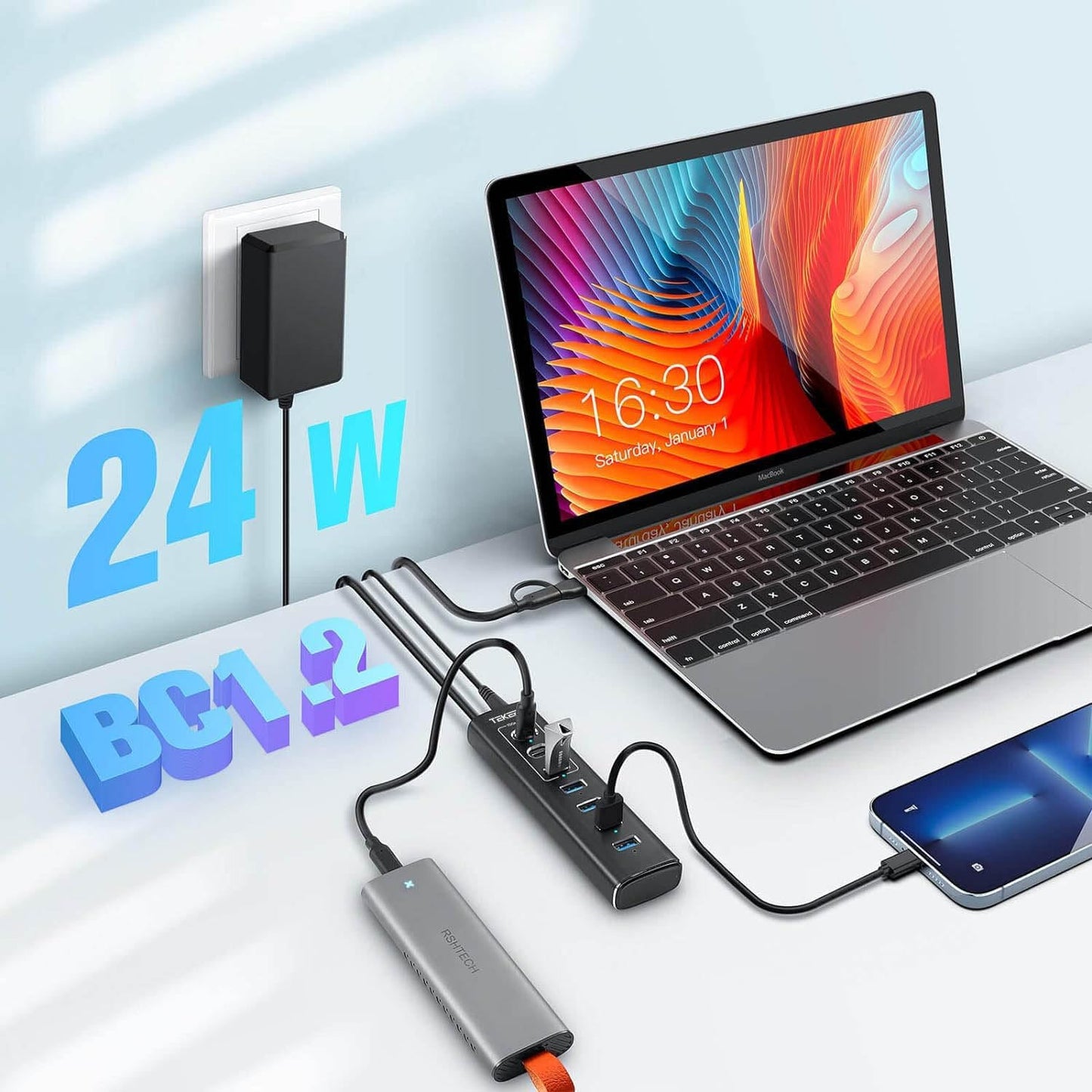 TEKERA 7-Port USB 3.2 Gen 2 Hub with 10Gbps USB-A and USB-C Ports, Black NEW